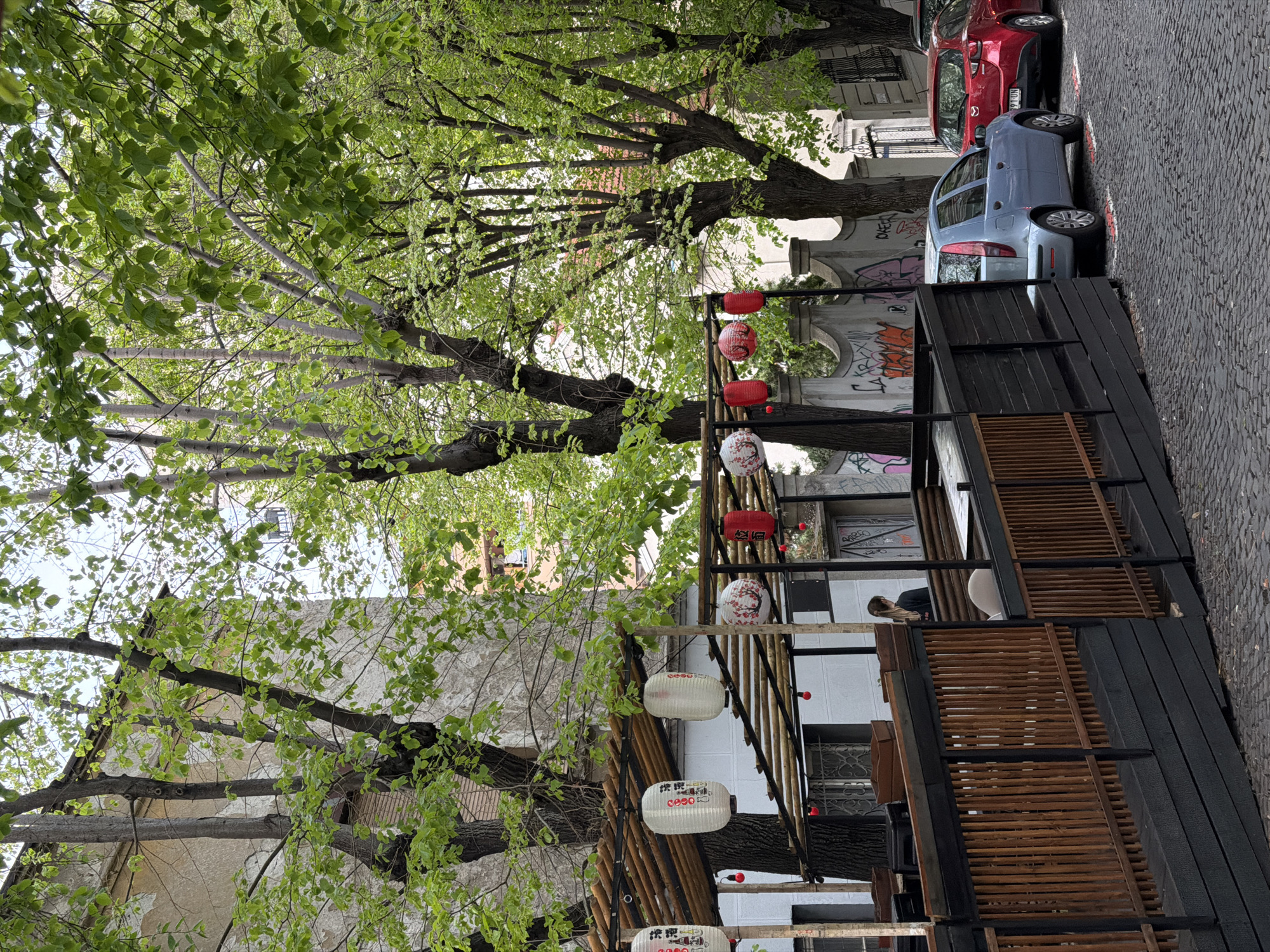 An outdoor seating area with Japanese lanterns is seen along a street in Belgrade, Serbia. A blue car and a red car are parked along the street, and trees provide shade over the seating area. A person is sitting at one of the tables. Graffiti is seen on the walls of nearby buildings. The street is paved with cobblestones.