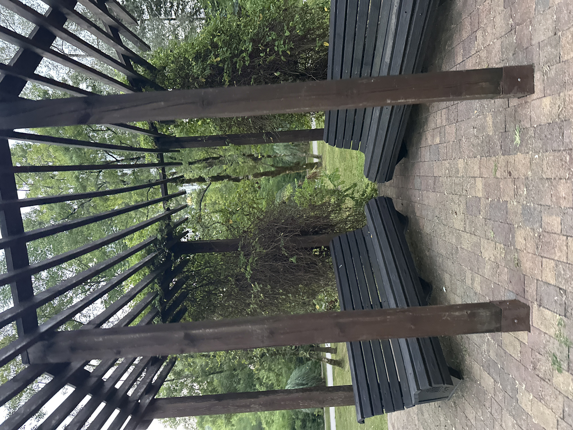 An outdoor scene in Sochi, Russia, features a wooden pergola with a slatted roof and dark brown support beams. Beneath the pergola are two dark-colored wooden benches facing each other, placed on a brick-paved area. Lush green trees and dense foliage surround the structure, suggesting a park or garden setting. The lighting indicates an overcast day.