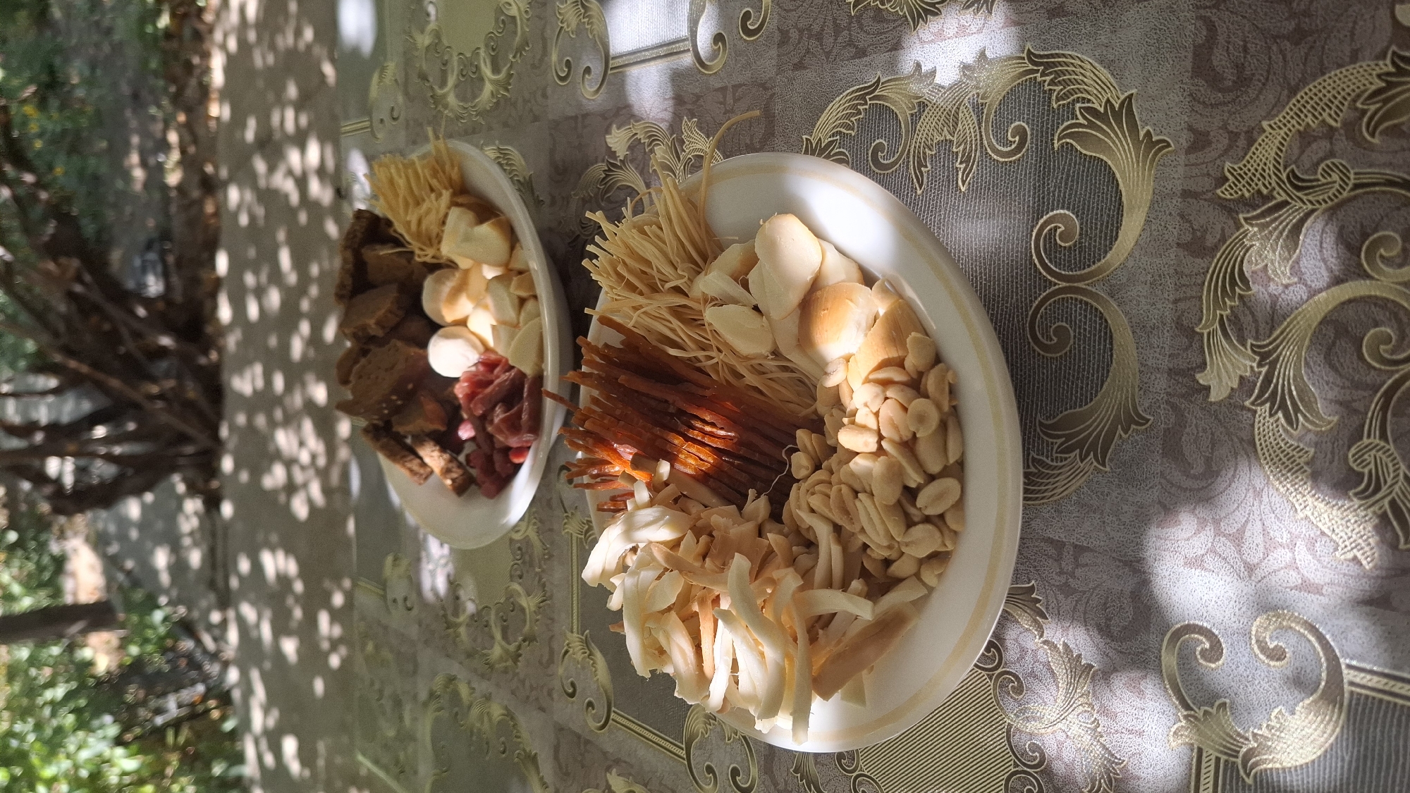 Two white plates of food are arranged on a patterned tablecloth under dappled sunlight. The plate in the foreground contains peanuts, white shredded mushrooms, thin orange dried fish strips, and sliced garlic or white cheese. The plate in the background, further away and slightly out of focus, holds dark bread pieces, small red pieces of what appears to be dried meat, small white round objects, and cubes of white cheese. The background suggests an outdoor setting with trees and foliage, casting shadows on the ground and the table. The image is taken from a slightly elevated perspective, looking down at the plates.