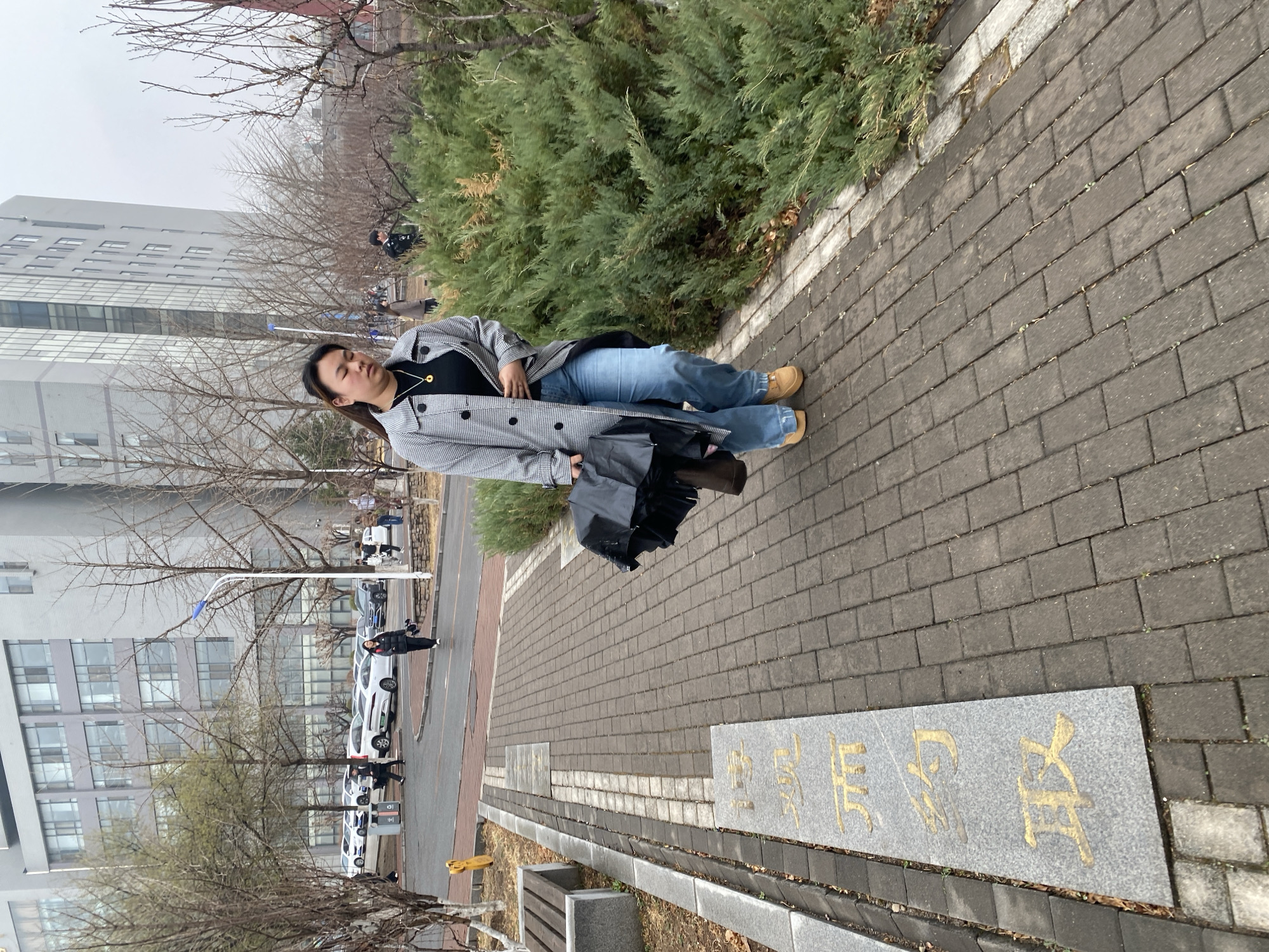 A full-length view shows a woman standing on a brick walkway in Zhongtun, China. The woman is wearing a gray patterned overcoat, a black top, blue jeans, and brown shoes. She is carrying a black umbrella and standing near a bush. The background includes buildings, bare trees, parked cars, street lights, and other people. The ground is paved with gray bricks and a stone with gold writing on it.