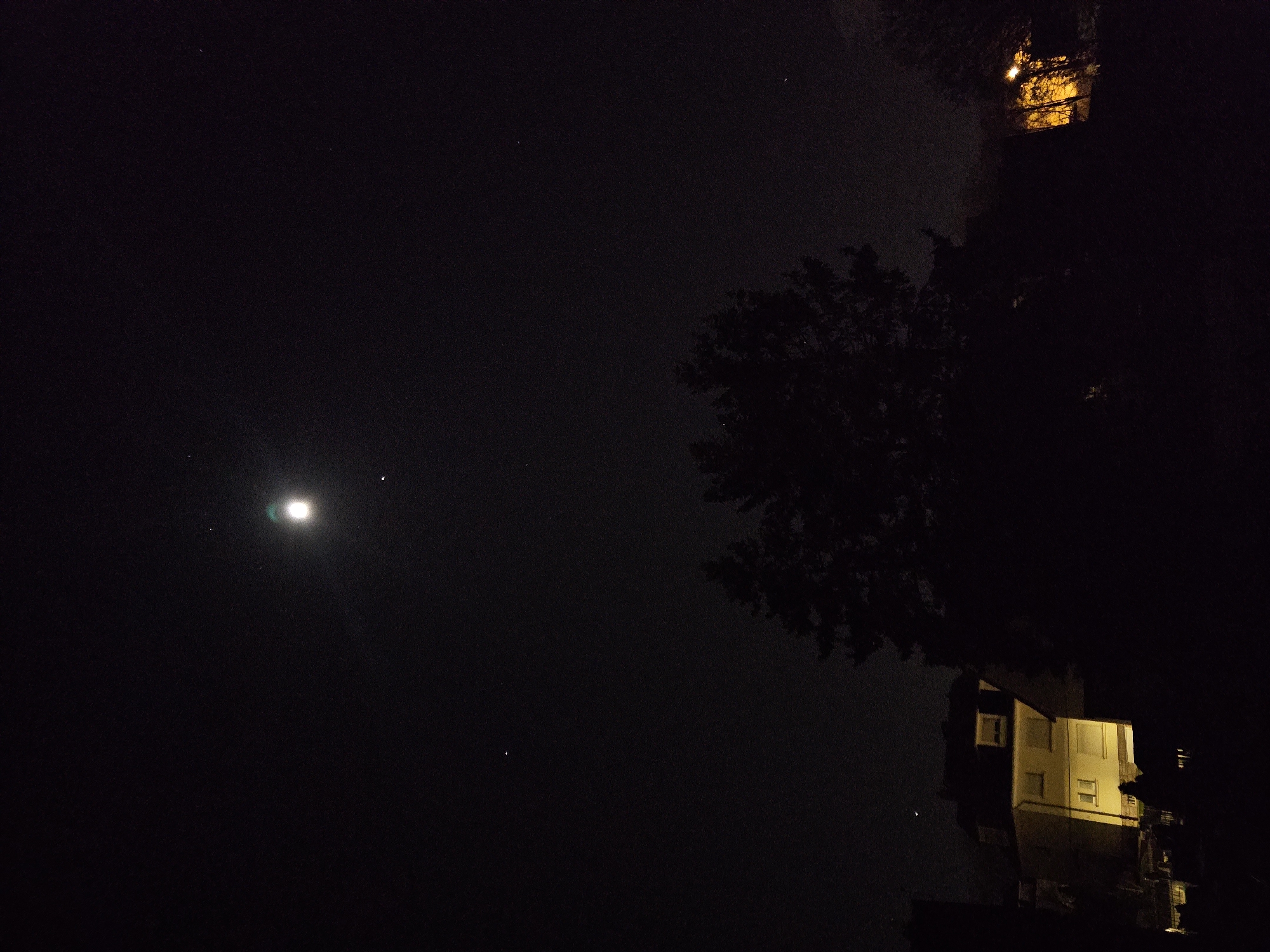 The image depicts a nighttime urban or suburban scene in Esch-sur-Alzette, Luxembourg. The sky is dark, revealing a bright, thin crescent moon positioned in the upper center, accompanied by a smaller, distinct celestial body or bright star slightly below and to its right. Numerous faint stars are scattered across the dark sky.
In the lower half of the frame, the silhouettes of architectural structures and dense foliage are visible. To the left, a multi-story building with a light-colored facade is partially illuminated by an unseen light source, highlighting several windows, one of which is a dormer window on its mansard roof. The building's lower section also shows visible, lit windows emitting a warm glow. Dominating the lower-center and right are the dark, indistinct silhouettes of several tall evergreen trees. Further to the far right, a bright, warm-toned artificial light source, possibly a streetlamp or building light, emits an orange-yellow glow, illuminating a small portion of tree foliage. No individuals or discernible actions are present in the frame.