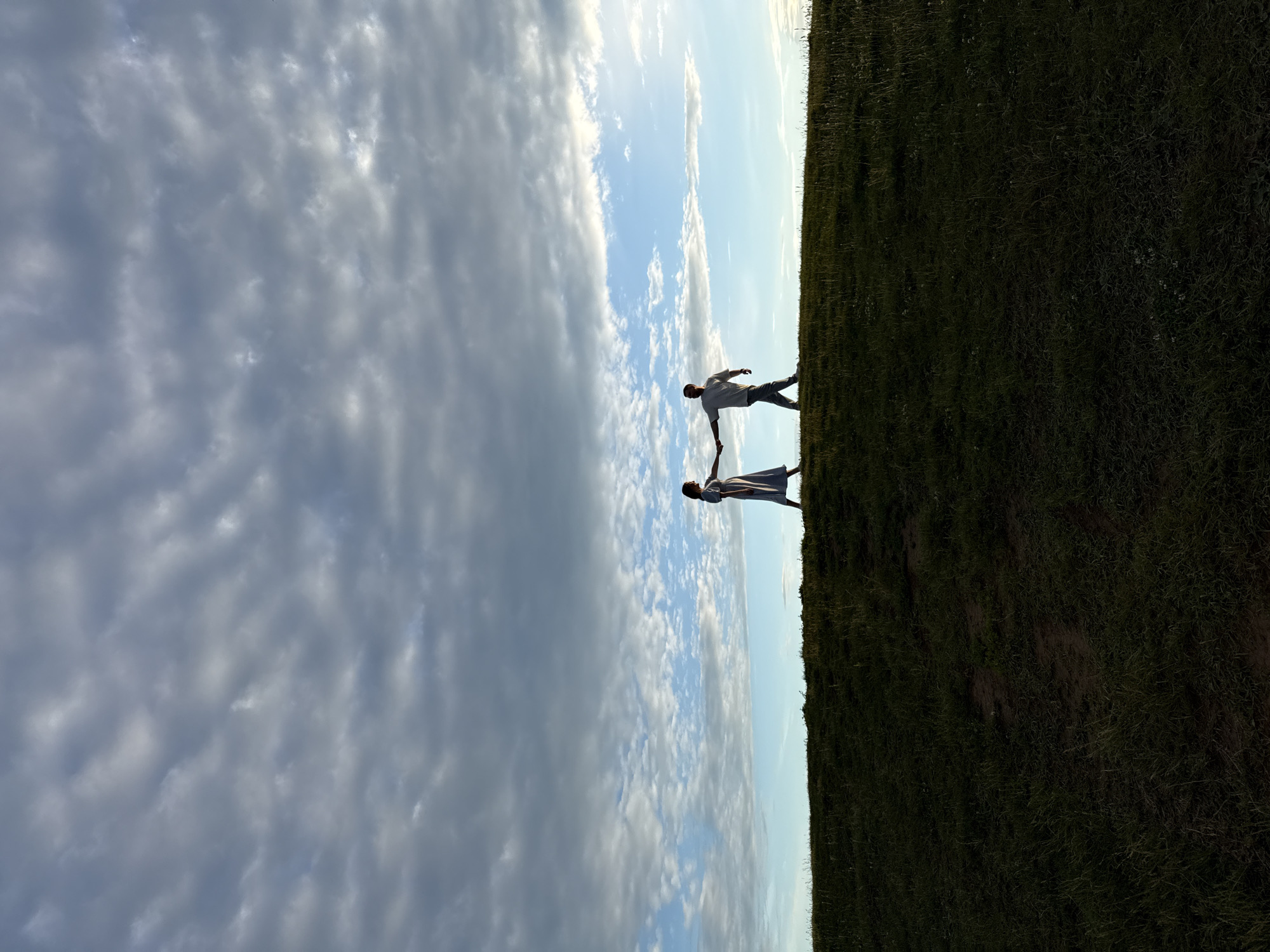 This media file depicts two individuals standing on a grassy incline, silhouetted against a vast, cloudy sky. The image is oriented vertically, with the ground appearing on the right and the sky on the left. The two subjects are holding hands, facing each other, with one person extending an arm outward. They appear to be on a hill or a large mound of earth covered in dense green grass. The sky is a dynamic mix of light blue and white clouds, suggesting it is daytime, likely late afternoon or early evening due to the low angle of the sun casting the silhouettes. The weather appears to be fair, with clouds indicating some atmospheric activity but not obstructing the light. The scene evokes a sense of connection and perhaps a romantic or contemplative moment between the two individuals. There is no visible text in the image. The location context provided is Ольховка, Russia, which aligns with a rural or semi-rural outdoor setting.