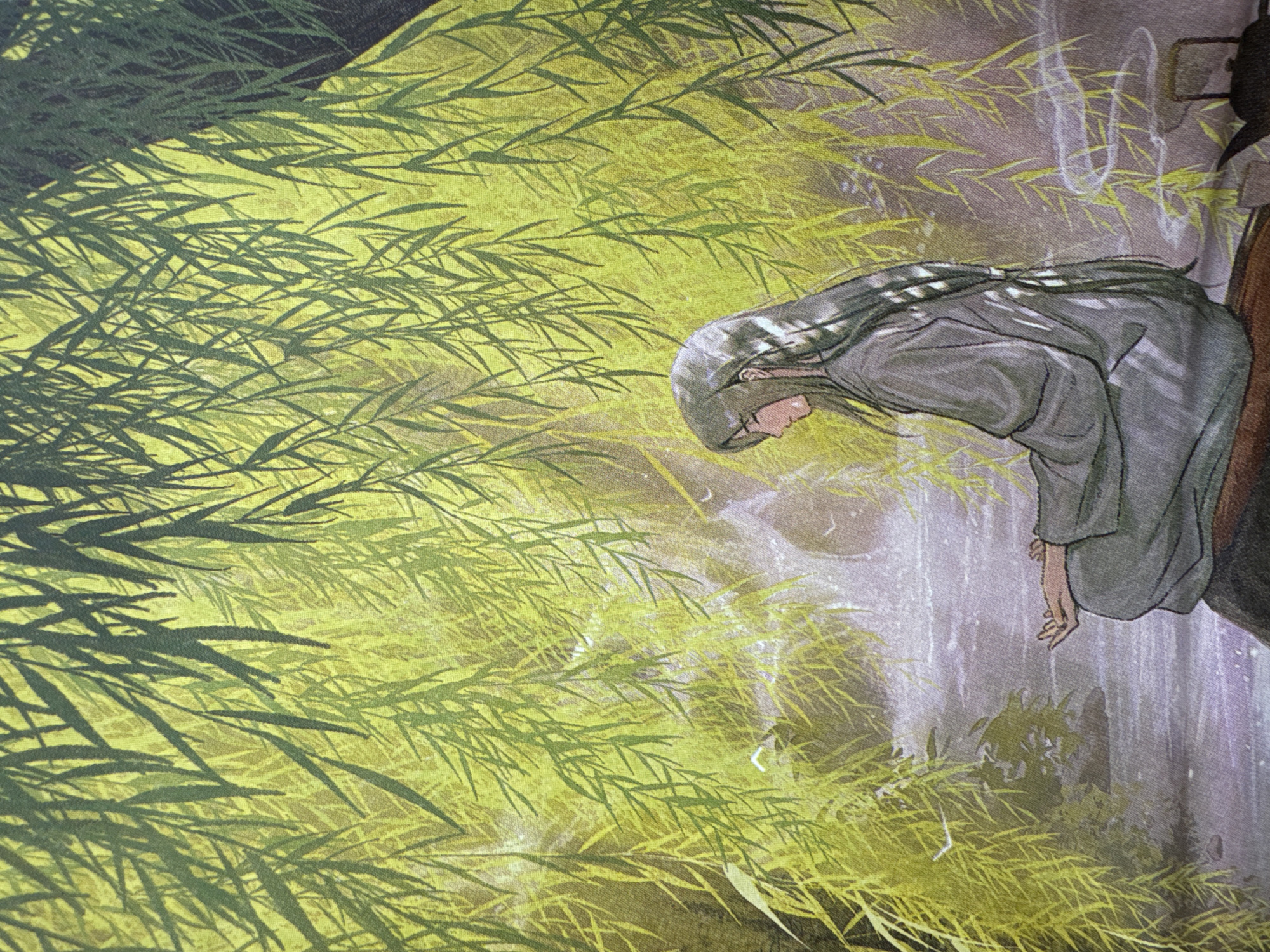 An illustration shows a figure with long, gray hair wearing gray robes bending over near a stream of water. The figure's face is obscured by hair and hood. The scene appears to be set in a lush area with dense foliage, possibly bamboo, creating a green and yellow backdrop. A waterfall is visible in the background. The illustration style is reminiscent of traditional East Asian artwork. Zhongtun, China is not visibly discernable from the content of the image.