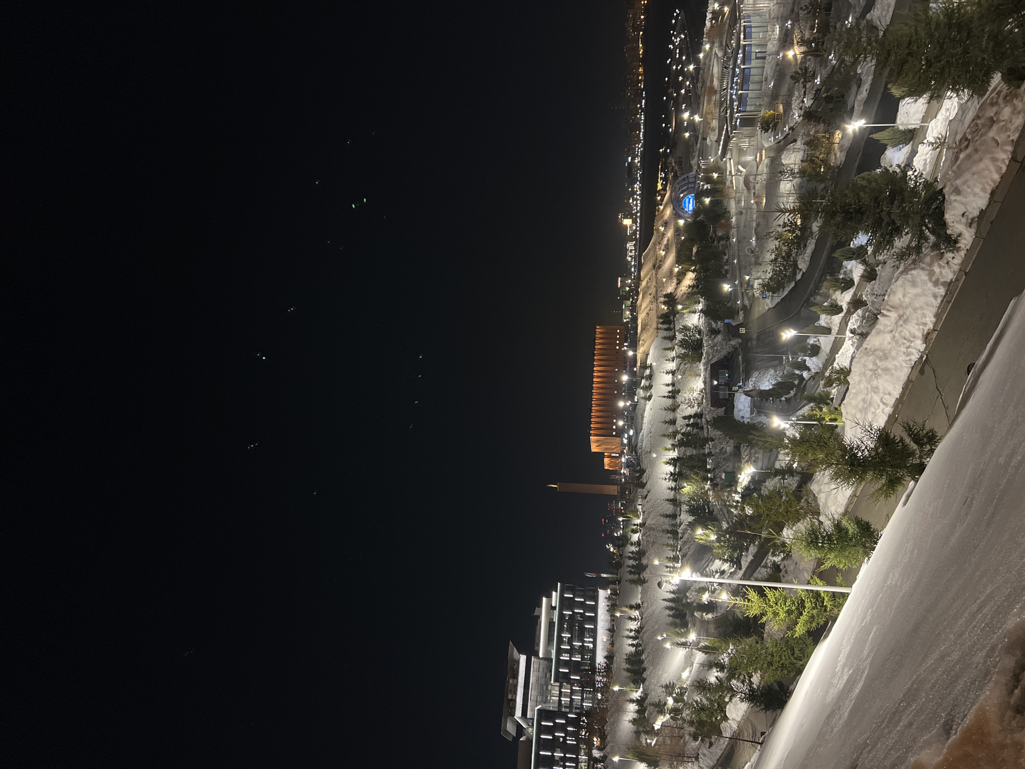 This nighttime image captures a snow-covered urban landscape in Kazan, Russia, specifically viewed from an elevated position on the west bank of the Kazanka River, likely near the Kazan Family Center (Kazan Wedding Palace), looking southeast.
In the foreground, a steep, snow-covered slope or embankment occupies the bottom left, with a narrow strip of dark, exposed ground visible at its lowest edge. The midground features a meticulously landscaped park area blanketed in white snow, traversed by winding roads and pathways. Numerous conical evergreen trees, possibly firs or pines, are scattered across the snow, illuminated by a network of bright, warm yellow-white streetlights.
On the far left midground, a modern, multi-story building, likely the Riviera Hotel, stands prominently with a light-colored facade and numerous horizontally arranged bands of bright white exterior lighting. To its right, a tall, slender, brown-colored tower, potentially an architectural monument or observation feature, is visible with a distinct golden-yellow illuminated top. Further right and across the Kazanka River, the distinctive **Kazan Arena (Ak Bars Arena)**, a large stadium, is prominently illuminated with a warm orange-yellow light on its facade. Below and to the right of the stadium, closer to the river, a large arched structure glows with a distinct blue light, possibly part of the Riviera Aquapark complex.
The background consists of a dark, clear night sky with several faint, diffuse green lights or reflections discernible. Beyond the Kazanka River and the prominent structures, the distant skyline of Kazan is visible, marked by numerous scattered city lights from buildings and streetlamps stretching across the horizon. No individuals, vehicles, or dynamic actions are discernable within the static, illuminated scene. The environment is clearly winter, characterized by the extensive snow cover and the stark contrast between artificial lighting and the dark night.