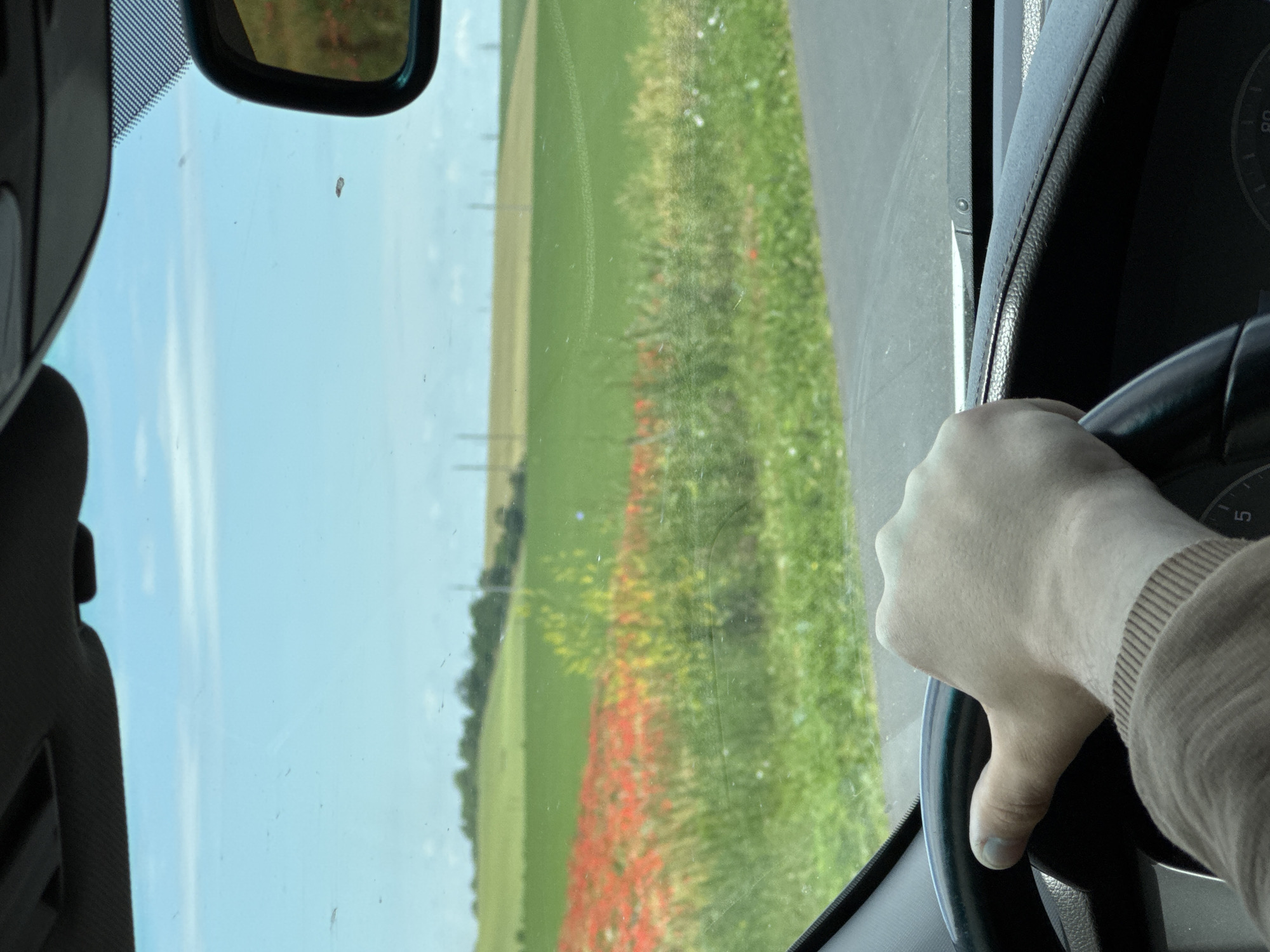 An over-the-shoulder shot from inside a vehicle shows a person's left hand on the steering wheel. The hand is positioned at the 8 o'clock position on the wheel. The person is wearing a brown sweater. The windshield of the car is visible, with a landscape beyond. The landscape includes a road to the right, a field of red poppies and green grass in the middle ground, and rolling green hills and a pale blue sky with scattered clouds in the background. The image was taken in Sychavka, Ukraine.