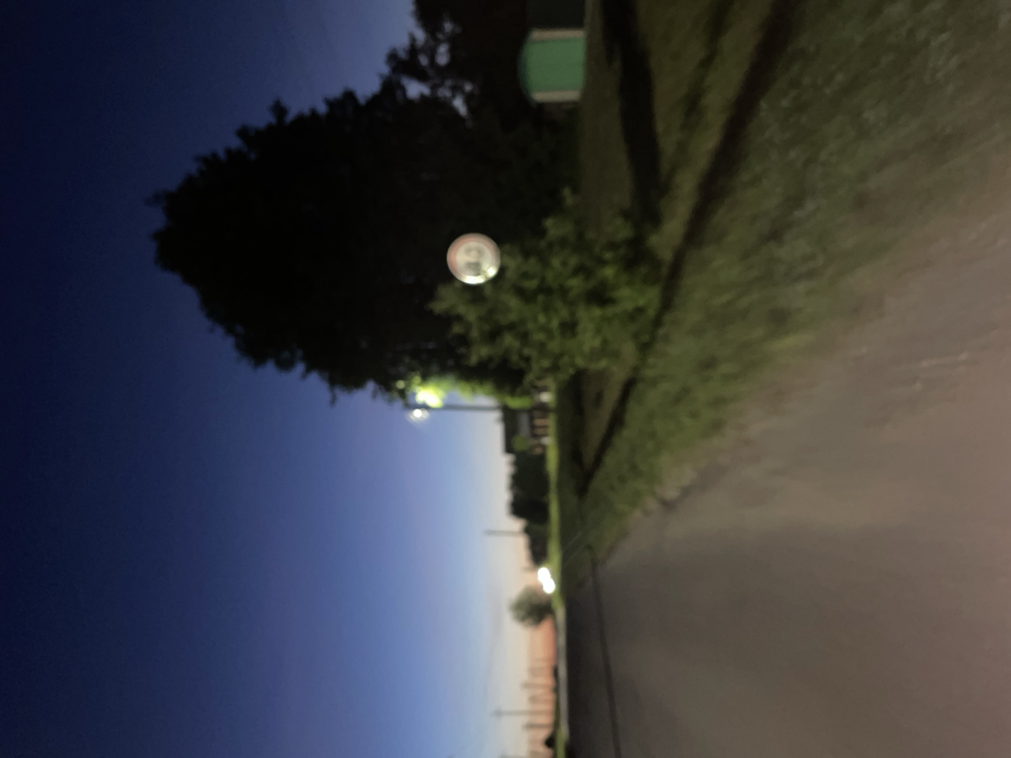 The image depicts a rural road at dusk in the vicinity of Krasnye Baki, Russia. A dirt or gravel road occupies the left foreground, curving gently to the right and extending into the distance. On the right side of the road, a grassy verge is visible, bordering a darker area of vegetation and trees. In the background, silhouetted trees and a small, green, shed-like structure can be seen. A street light is illuminated on the right side of the road. Notably, a circular, reflective object, possibly a sign or a disc, floats in the air in the mid-ground, to the right of the road and in front of a bush. The sky transitions from a deep blue at the top to a lighter, orange-hued twilight near the horizon, suggesting a sunset or sunrise. The overall impression is one of a quiet, outdoor scene in a rural or semi-rural setting.