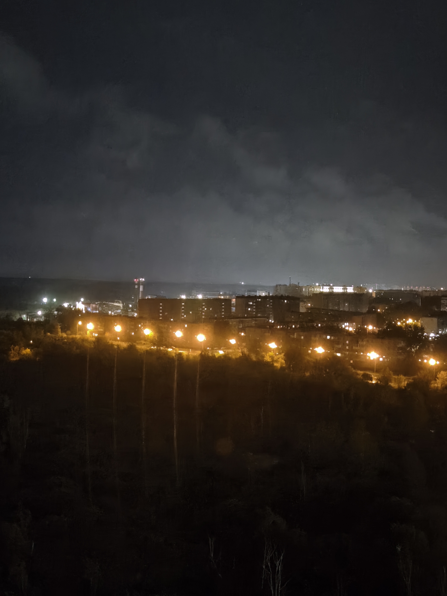 The image captures a nighttime view of a city from an elevated perspective. The sky is dark and cloudy. In the distance, a city skyline is illuminated by various lights, including streetlights and building lights, giving a warm, orange glow. Below the skyline, there's a dark, forested area that occupies the foreground. Vertical lines, possibly trees or poles, are faintly visible within the forested area. A structure with a tall tower or chimney with red lights on top is visible within the cityscape.