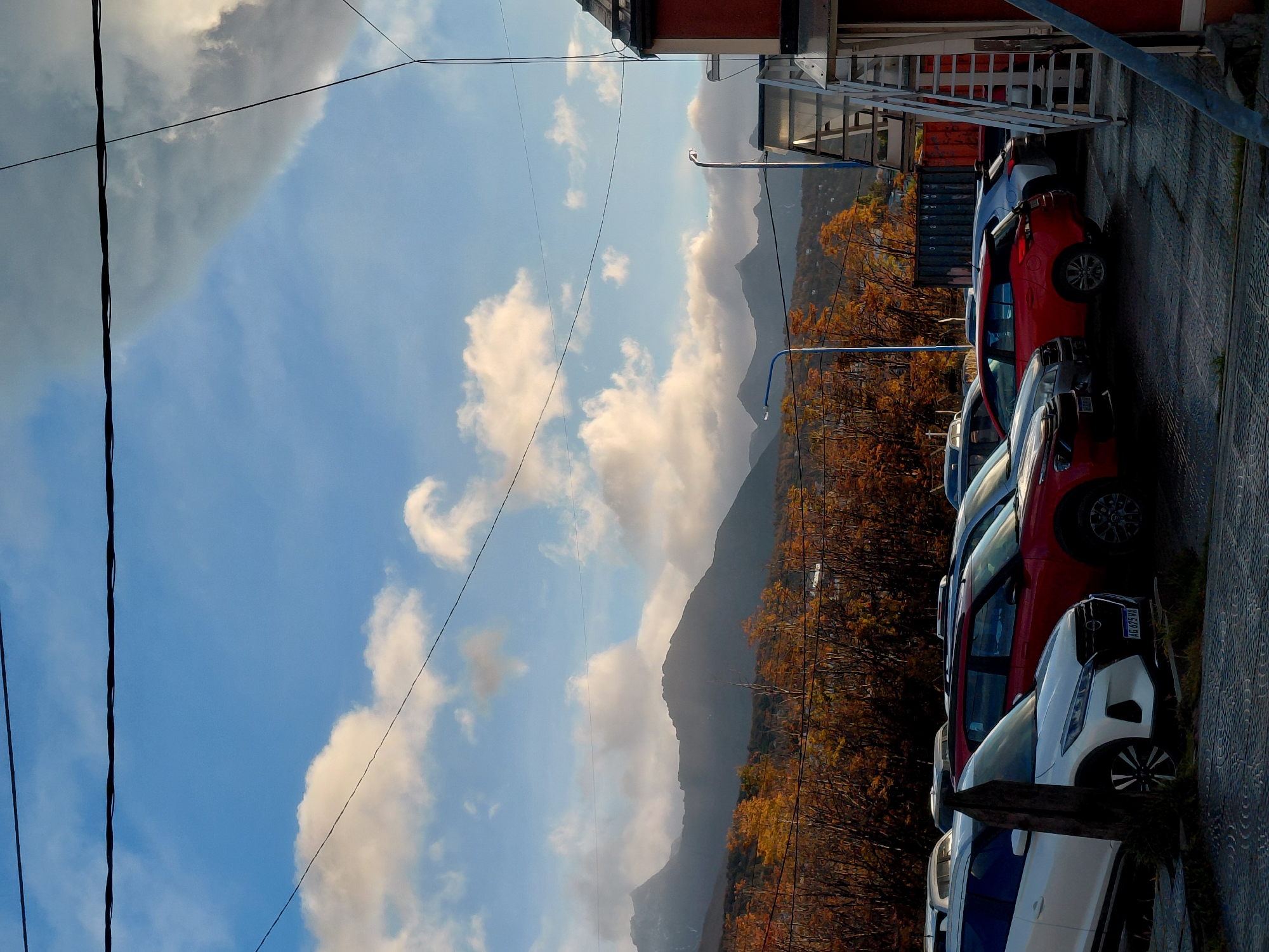 The image shows a street scene in Ushuaia, Argentina. The view is oriented vertically. On the right side of the frame, a row of parked cars lines the street, including a red, grey, and white car. These are on a gray concrete sidewalk. Adjacent to the sidewalk, there is a row of yellow and orange autumn trees with mountains in the background. Behind the row of cars is a building with an external metal staircase. The sky is blue with scattered white clouds. Power lines can be seen running across the sky.