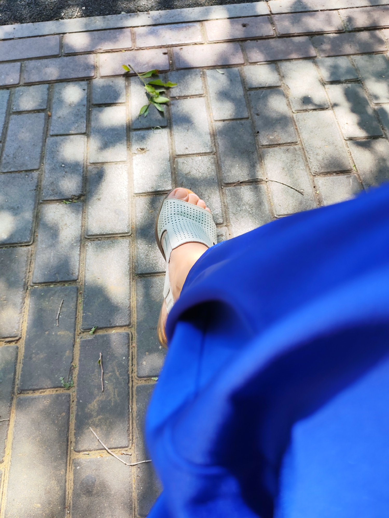 A first-person point-of-view shot shows a person's left foot wearing a light blue perforated sandal, standing on a gray brick walkway. The person is wearing a bright blue garment, which occupies the right side of the frame. A sprig of green leaves and a few dry twigs are scattered on the walkway. Shadows of tree branches fall across the bricks. The scene appears to be outdoors, likely in a park or pedestrian area. The exact location in the city is unknown.