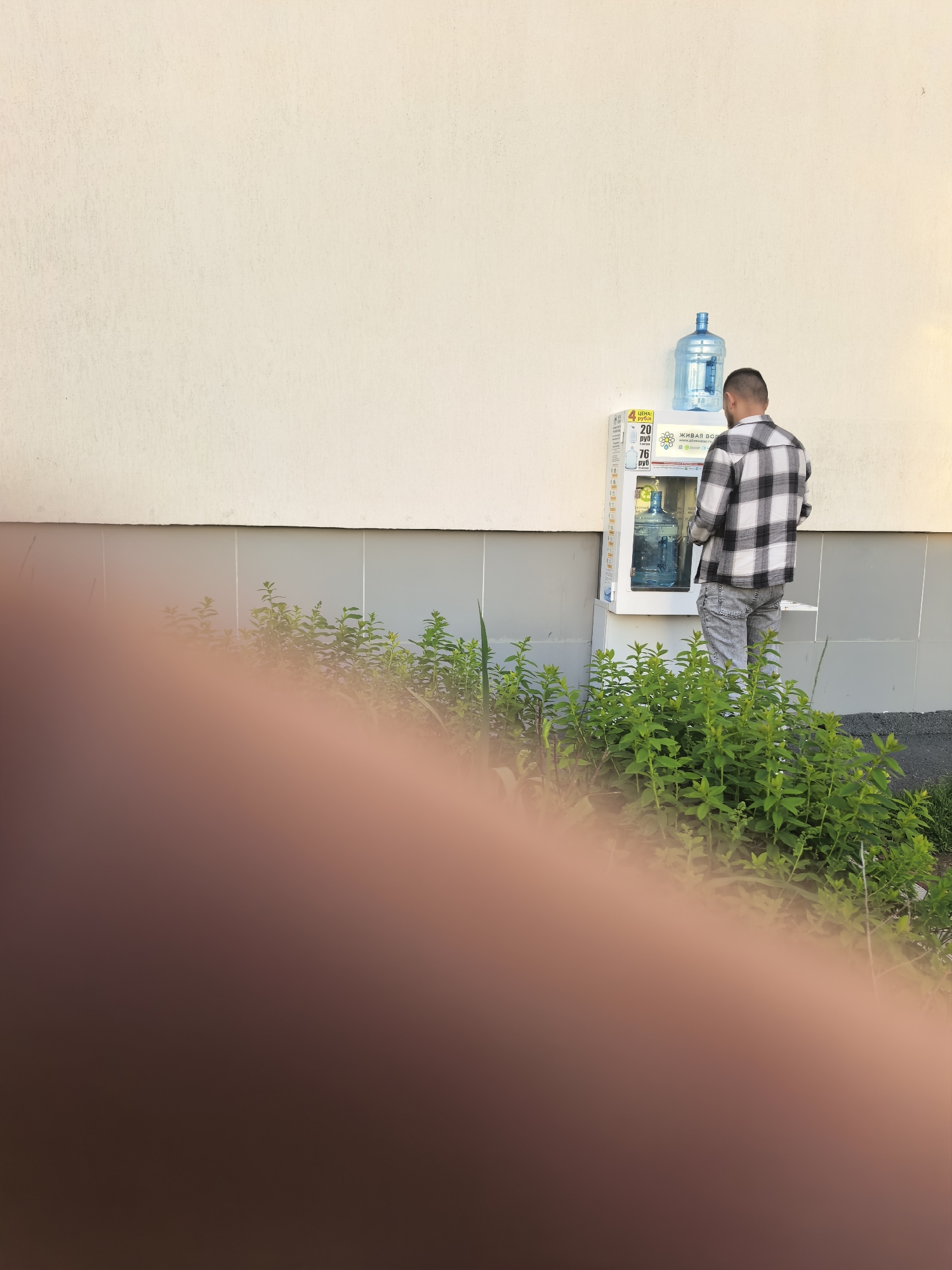 A man wearing a black and white plaid shirt and gray jeans stands in front of a water dispenser in an outdoor setting. The water dispenser has two large blue water bottles on top and one inside, with labels in Russian indicating prices. Green plants grow in front of the dispenser and along a building wall. A blurry hand is visible in the foreground, partially obscuring the view.