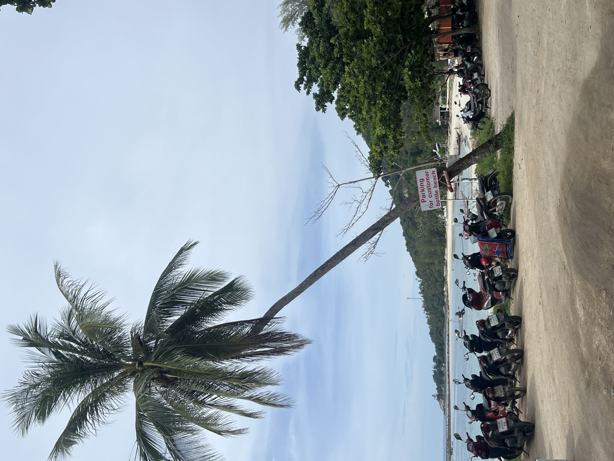 A group of parked motorcycles lines a sandy beach in Koh Phangan, Thailand. A leaning palm tree dominates the left side of the frame, its fronds reaching towards a cloudy sky. A white sign with red lettering reads "Parking for customer bottle beach". In the background, the turquoise ocean meets a white sandy shore lined with lush green trees and some structures. A few boats are visible in the water. The overall scene suggests a relaxed, tropical atmosphere.