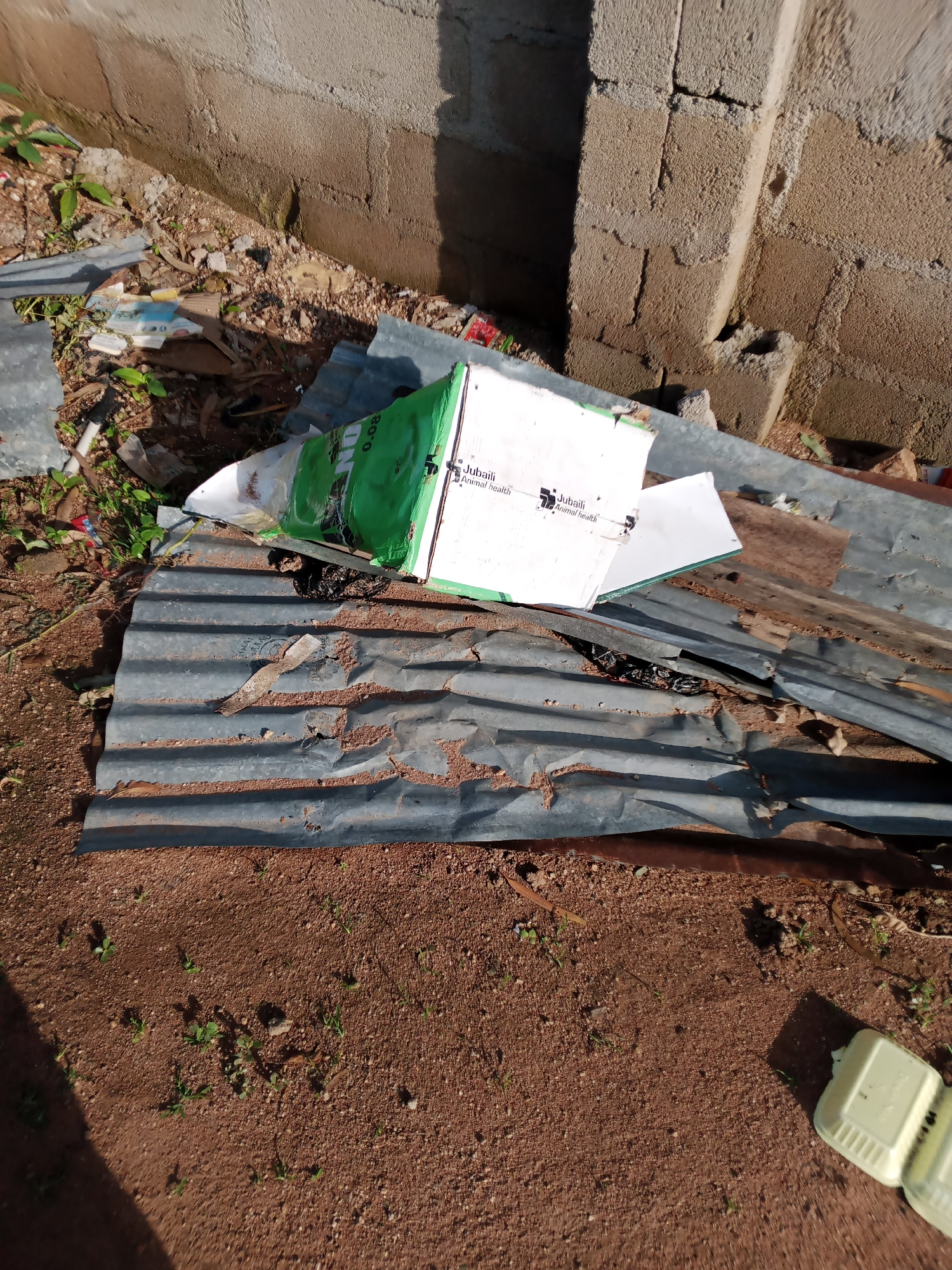 The image depicts an outdoor scene in Jauro Yinu, Nigeria, characterized by a desolate and unkempt environment. In the foreground, a section of corrugated metal sheeting lies on the ground, showing signs of wear and tear with rust and debris scattered across its surface. Resting on top of this sheeting is a damaged cardboard box, partially opened and displaying green and white packaging with visible text that includes "Jubail Animal Health." Behind the box, debris and vegetation are visible, suggesting a neglected area. To the right of the image, a portion of a rough concrete wall is present, indicating a constructed element in the surroundings. The ground is predominantly reddish-brown soil with scattered small stones and sparse green vegetation. In the far right of the image, two light-colored plastic containers, possibly egg cartons, are visible on the ground. The scene conveys an impression of disarray and abandonment.
