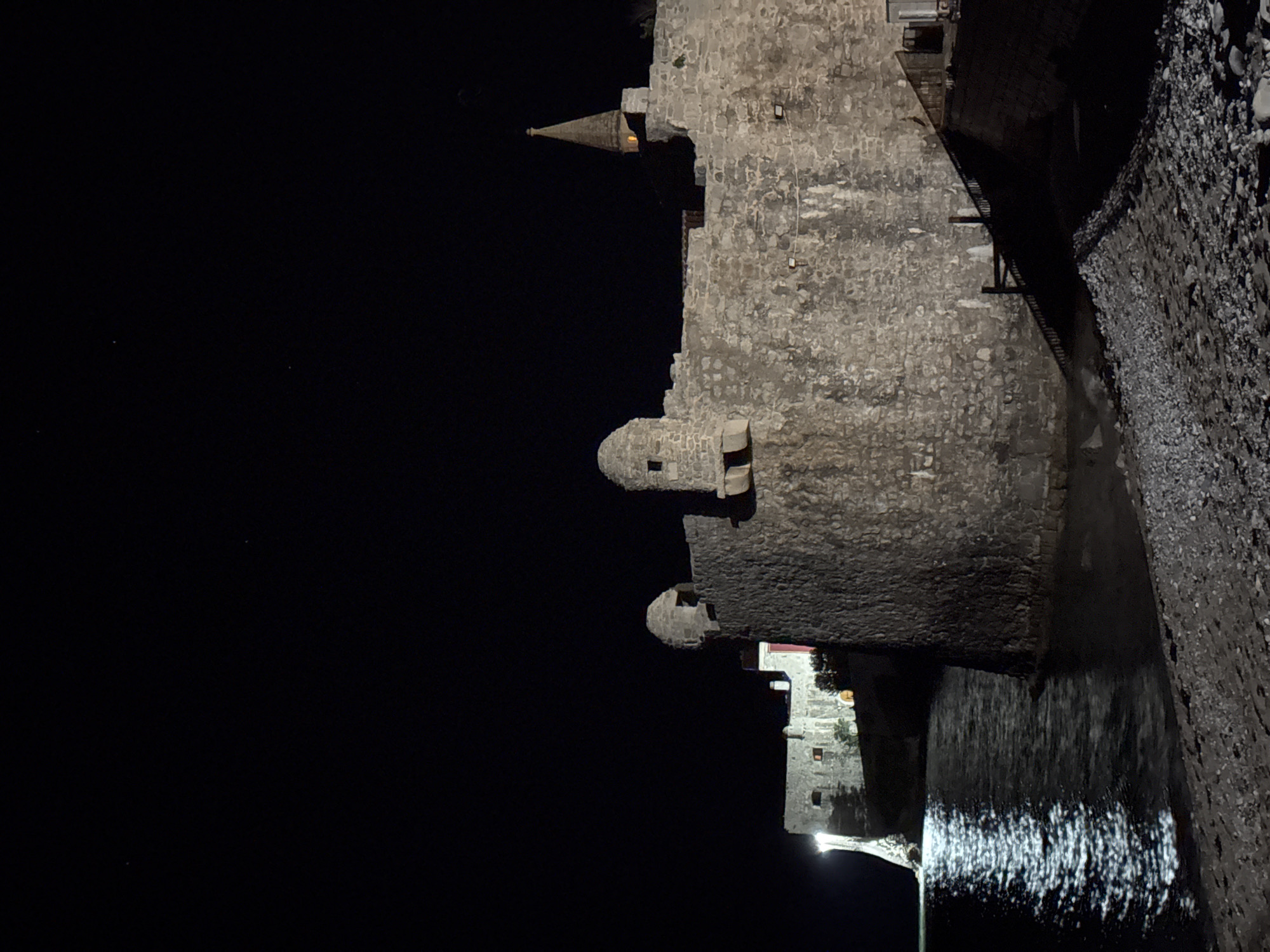 At night, the photograph depicts a portion of the Citadel in the city of Budva, Montenegro. The stone structure's exterior walls are visible, featuring turrets and a pointed tower. Adjacent to the stone structure is what appears to be a rocky shoreline. The image is primarily characterized by darkness, with artificial lighting illuminating sections of the Citadel. The water's surface shows reflections of the light sources. The perspective is from below, looking upwards at the Citadel.