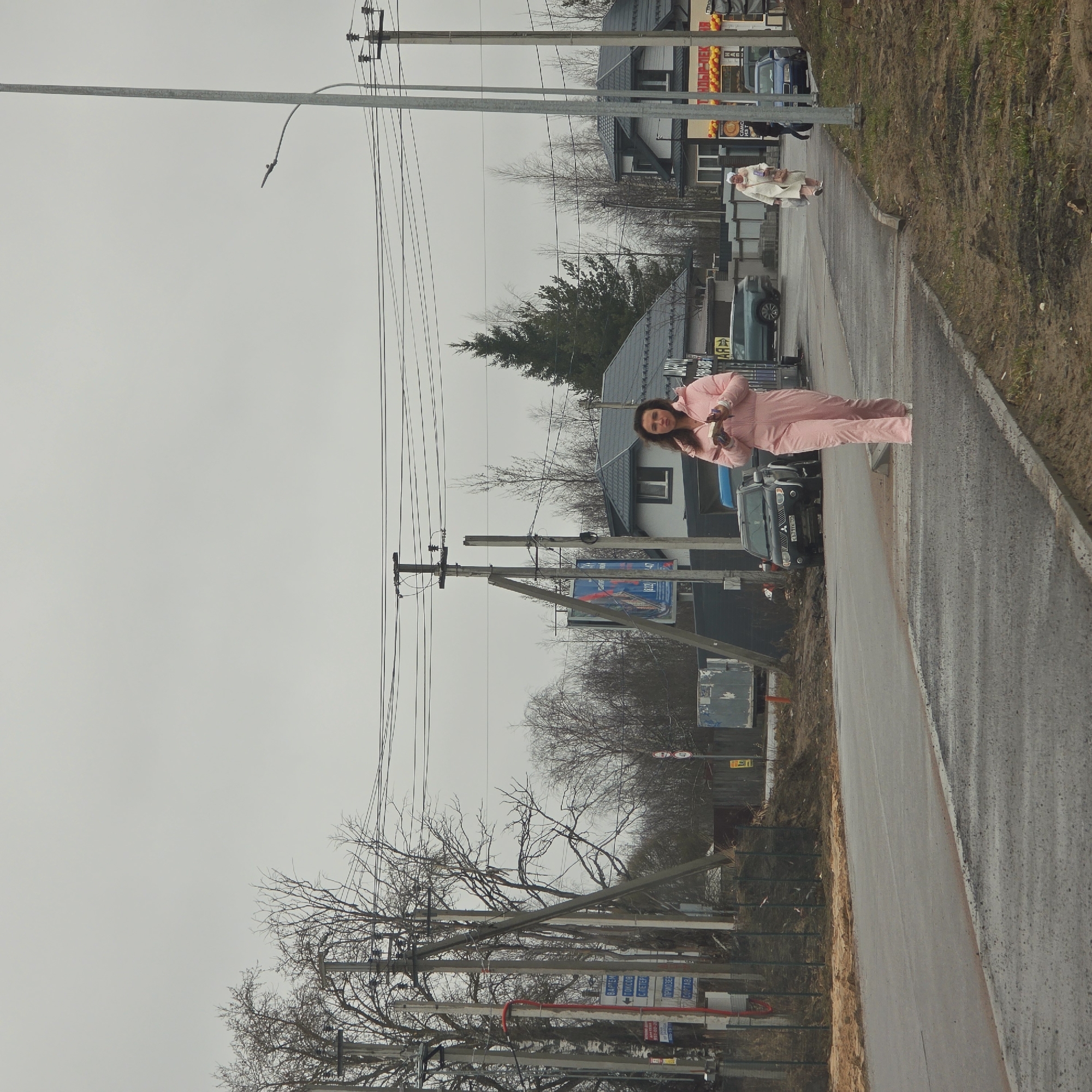 The image shows a street scene in Skotnoe, Russia. A woman wearing a pink jumpsuit is walking on the sidewalk next to a road. Power lines run along the side of the street. Several cars are parked along the road. In the distance, another person is visible, also walking on the sidewalk. The sky is overcast.