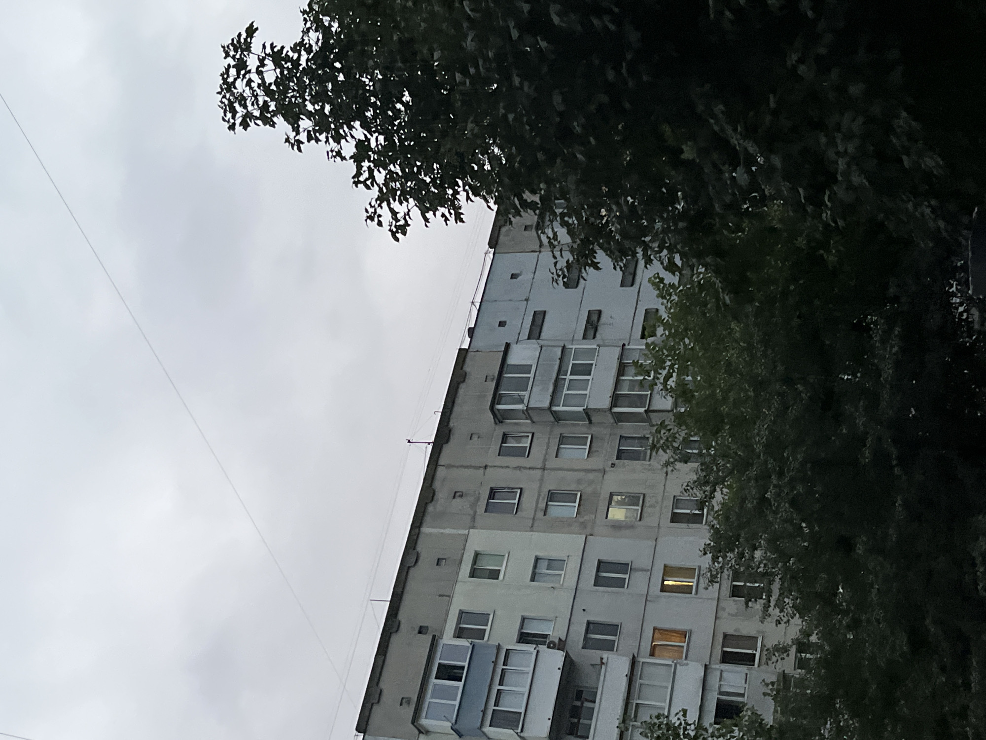 The image depicts a residential building in Chernivtsi, Ukraine, against a cloudy sky. The building appears to be a multi-story apartment complex with a concrete facade, balconies, and numerous windows. Some windows have lights on, indicating occupancy. Trees with dense foliage are visible in the foreground and partially obscure the lower portion of the building. A thin wire stretches across the sky. The overall scene suggests an urban environment under overcast weather conditions.