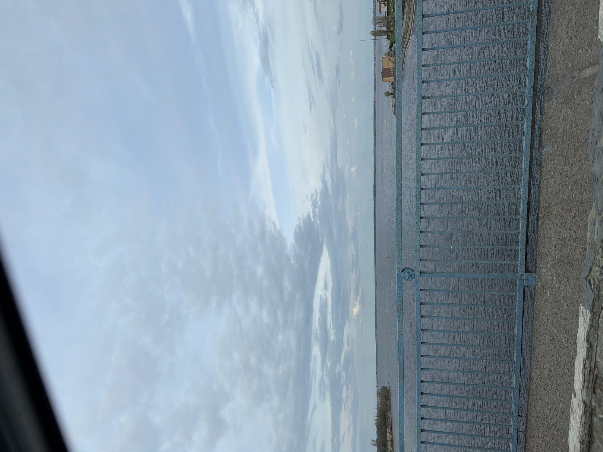 The image presents an expansive view across a wide body of water under an overcast sky, likely taken from an elevated position such as a bridge or embankment. In the foreground, a sturdy blue metal railing runs horizontally, separating the viewer from the water. This railing features multiple vertical posts and horizontal bars, with one post prominently adorned with a five-pointed star emblem. To the immediate right of the railing is a paved surface, possibly asphalt or concrete, with a lighter-colored line or curb visible.
Beyond the railing, the vast expanse of water stretches into the distance, its surface showing subtle ripples. On the far bank, a distant shoreline is visible, dotted with several buildings of varying sizes and a sparse line of trees, suggesting a town or settlement. The sky above is entirely covered with a blanket of light grey and white clouds, indicating an overcast day without direct sunlight. The diffused lighting suggests it is daytime.
No people are visible in the scene, and no specific activity is taking place; the image captures a static, serene landscape. Given the provided context of Kamyshin, Russia, the large body of water is highly likely the Volga River. The five-pointed star emblem on the railing is a notable detail, potentially hinting at the historical or architectural style of the area, common in post-Soviet countries. The overall impression is one of calm and openness. There is no visible text.