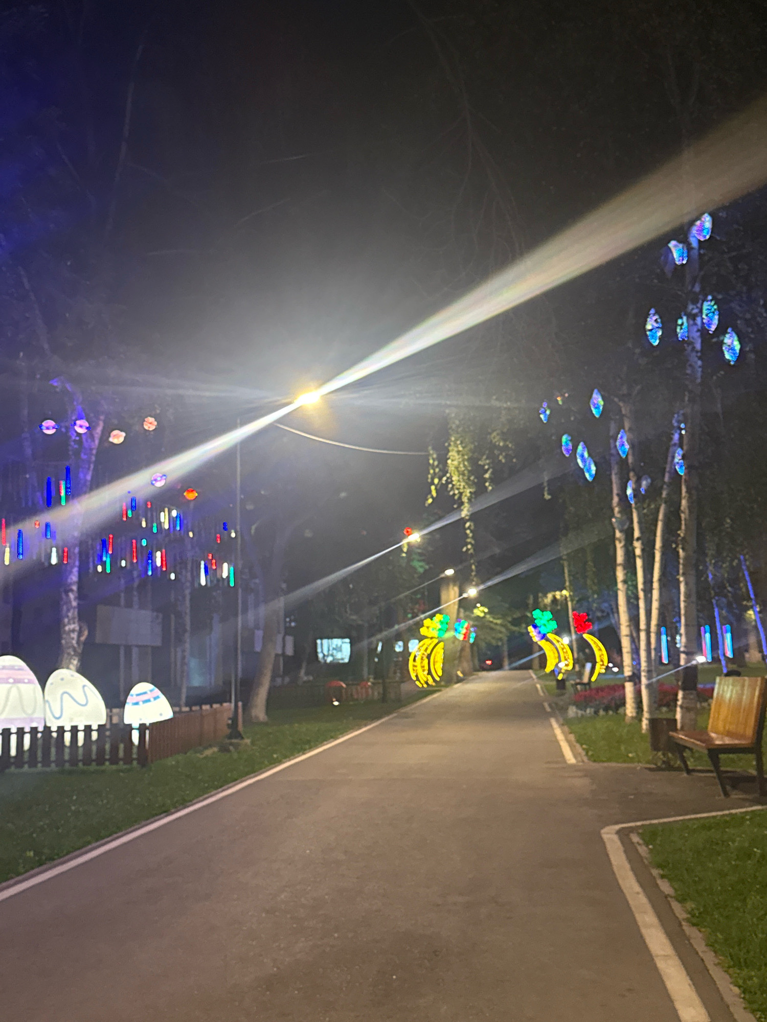 This is a nighttime, eye-level, medium shot of a park pathway adorned with festive lights in Bishkek, Kyrgyzstan. The pathway, paved with asphalt and bordered by a white stripe and grass, recedes into the distance. On the left side of the pathway, large, illuminated egg-shaped decorations are visible, resting on a bed of grass and separated by a wooden fence. Further down the pathway, on the right side, a wooden bench is positioned.
The park is decorated with numerous colorful lights. Trees are illuminated with strings of small, multi-colored lights, appearing as vertical lines and scattered orbs. More prominently, on the left side of the pathway, there are clusters of lights resembling dangling colorful bars and circular shapes. On the right side, further into the distance, there are large, yellow, curved light installations resembling arcs, adorned with smaller, colorful lights.
The overall atmosphere is festive and inviting, suggesting an evening event or holiday celebration. The lighting is a mix of bright white streetlights and colorful decorative illumination. The environment is a park, likely a public space, with trees and grassy areas. There are no people visible in the frame. The image has a lens flare effect from a bright light source, possibly a streetlight or a camera flash, creating a diagonal band of light across the upper portion of the image.