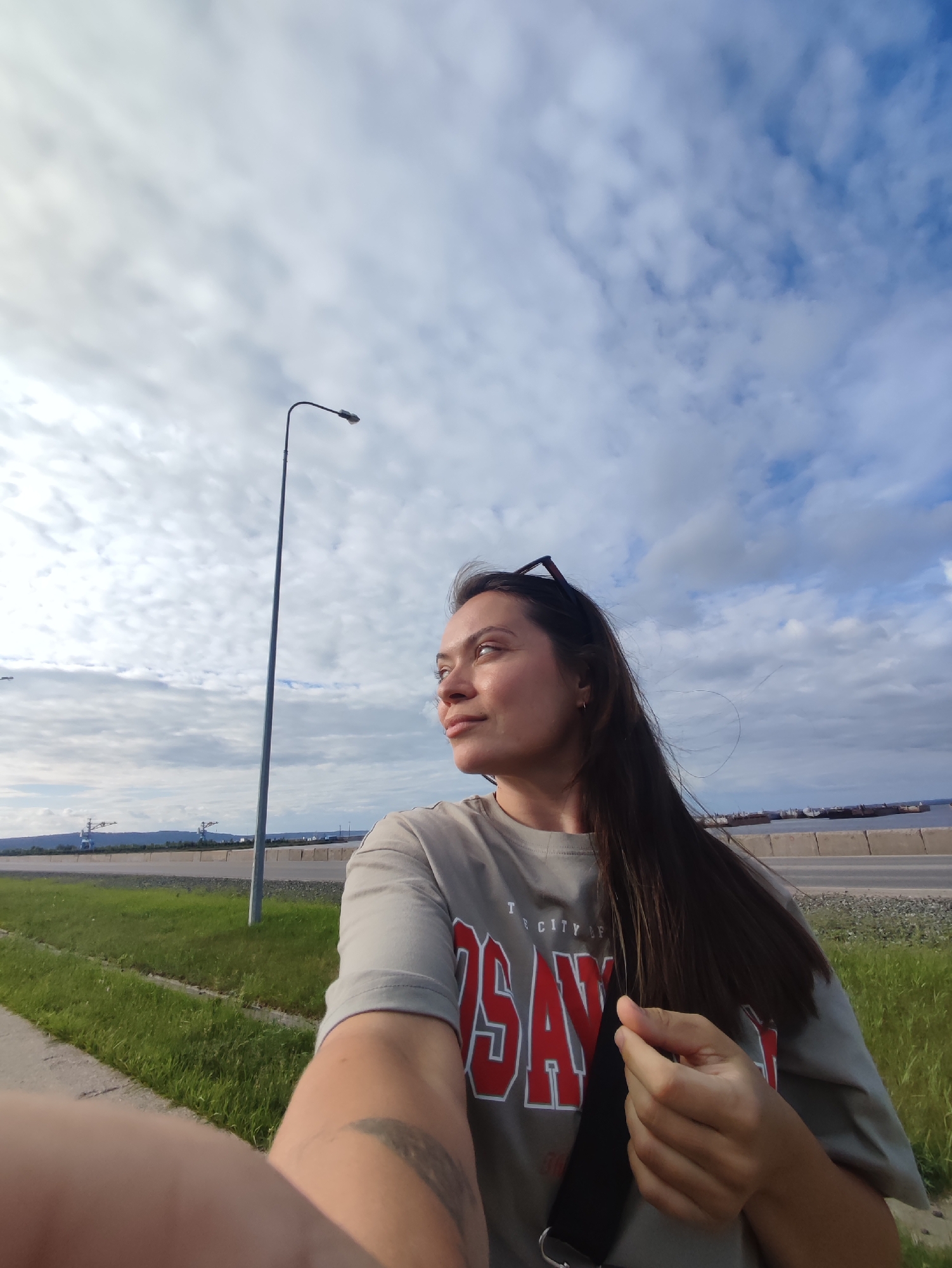 A medium shot captures a woman with long, dark hair, looking to her left, away from the camera. She wears a gray t-shirt with red lettering. Her sunglasses are perched on her head. She stands outdoors, with a tall street lamp to her left and a grassy verge behind her. In the background, a road, a body of water with boats, and industrial cranes are visible under a cloudy sky.