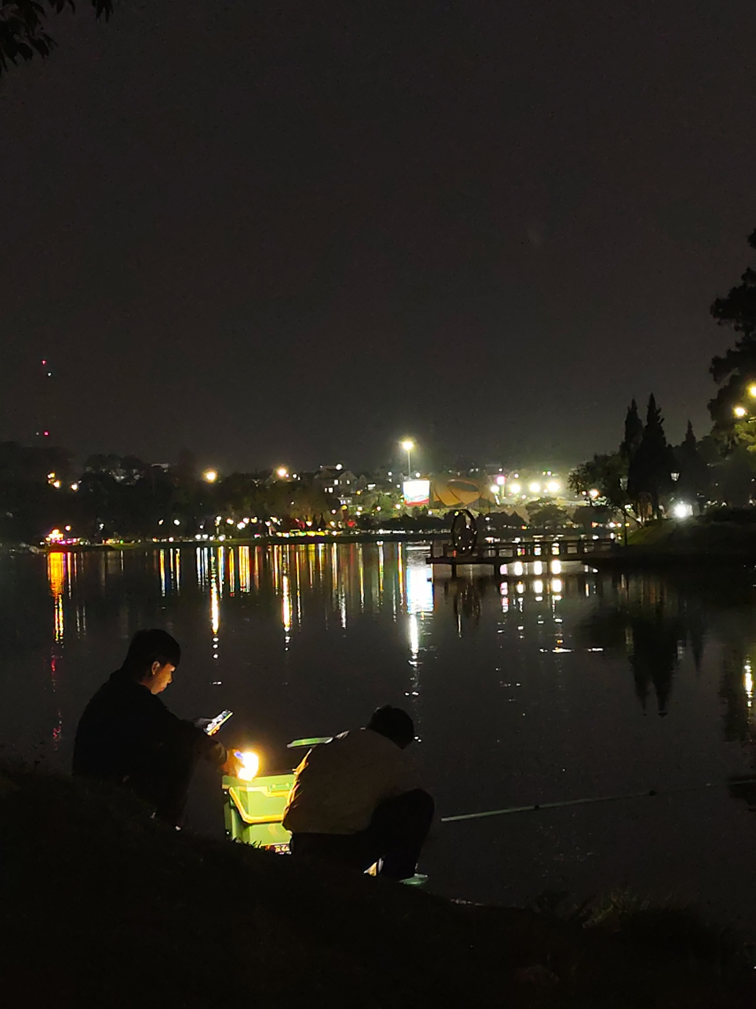 Two people sit on the grassy bank of a lake at night. One person is illuminated by a nearby light source, while the other uses a mobile phone. In the background, lights reflect off the water, suggesting the presence of a town or city. The location is Da Lat, Vietnam.