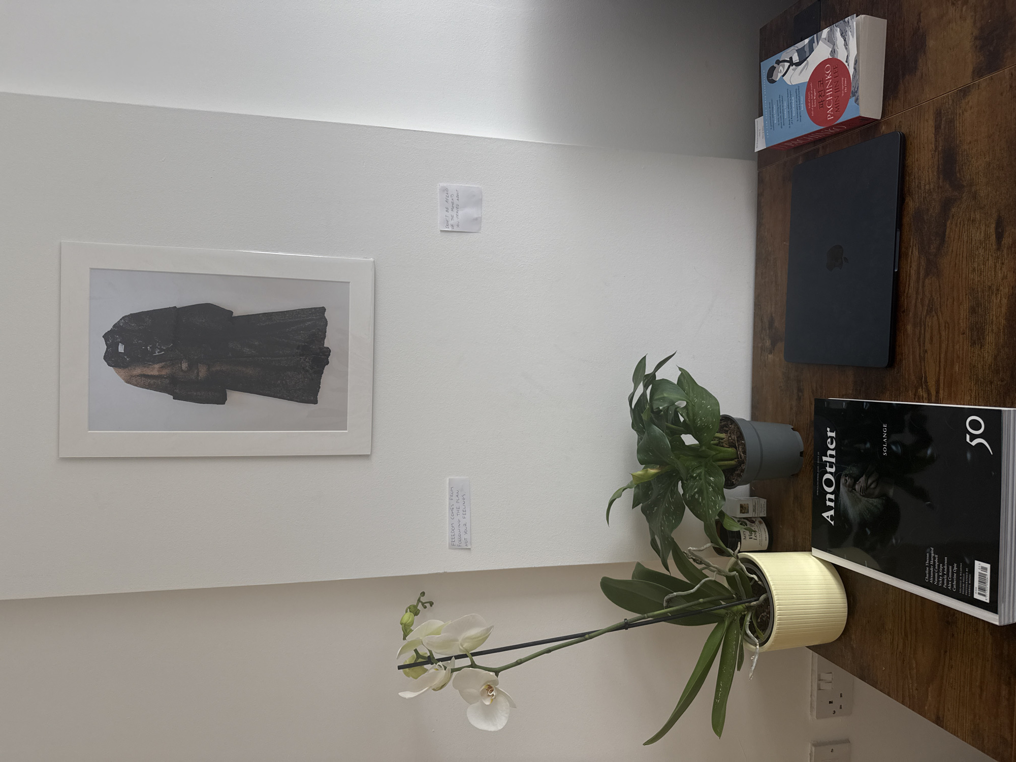 The image shows a segment of a room. On the left wall, there's a framed artwork and two small notes. On the right, a dark wooden desk holds a laptop, two books, and two potted plants. The books are "Pachinko" by Min Jin Lee and "AnOther Magazine" featuring Solange. An electrical outlet is visible near the bottom right.