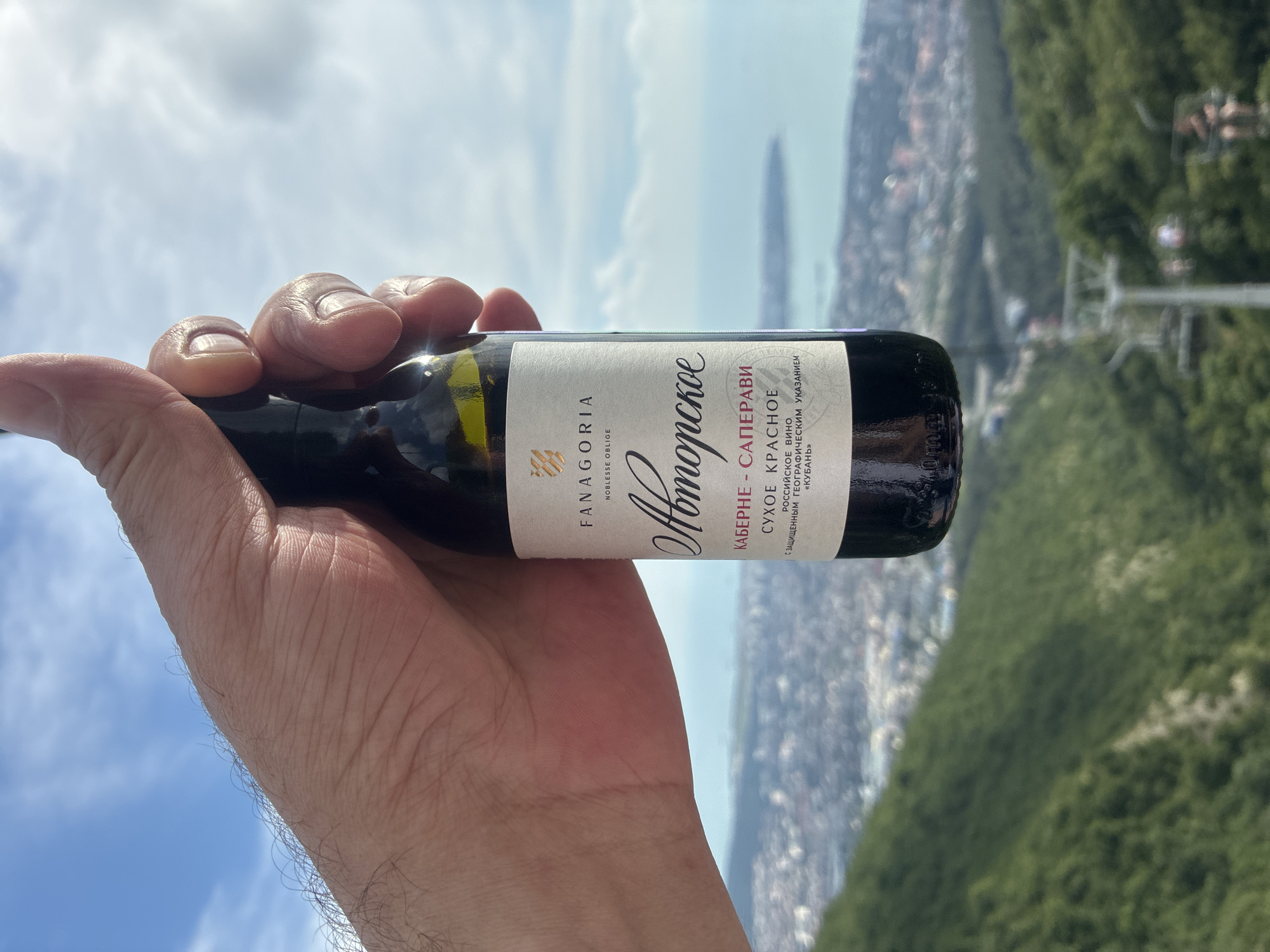 A hand holds a mini bottle of red wine against a backdrop of the city of Gelendzhik, Russia, and the Black Sea under a cloudy sky. The label on the bottle reads "FANAGORIA NOBLESSE OBLIGE" in English, and "Авторское" (Author's) and "КАБЕРНЕ - САПЕРАВИ СУХОЕ КРАСНОЕ" (Cabernet - Saperavi Dry Red) in Russian. Below that, it says "РОССИЙСКОЕ ВИНО С ЗАЩИЩЕННЫМ ГЕОГРАФИЧЕСКИМ УКАЗАНИЕМ «КУБАНЬ»" (Russian Wine with Protected Geographical Indication "Kuban"). The bottle is held from above, with the thumb and forefinger obscuring part of the bottle and the hand. In the background, the city of Gelendzhik is visible, with buildings and the coastline meeting the sea. Green, tree-covered mountains rise in the foreground, and a ski lift with cabins is partially visible ascending the mountainside.