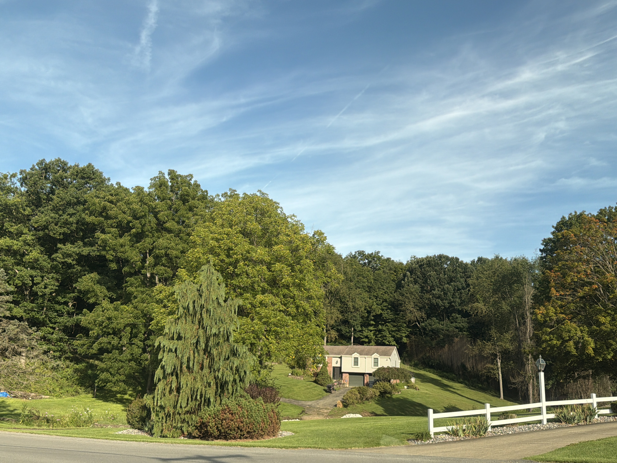 The image depicts a suburban residential scene in Peters Township, United States of America, on a clear day with a blue sky featuring wispy white clouds. In the center of the frame, a light-colored, single-story house with a brick facade and a dark-colored garage is situated on a gently sloping green lawn. The house has multiple windows and a gabled roof.
A prominent weeping evergreen tree stands in the foreground to the left of the house, its branches cascading downwards. To the right of the house, a white picket fence runs along a paved driveway and grass. A street lamp is visible behind the fence.
The property is surrounded by lush green trees, with a dense forest forming the backdrop. The foliage suggests it is late summer or early autumn, as some leaves on the right side of the frame show hints of yellow and orange. The foreground features a paved road or driveway. The overall scene conveys a sense of tranquility and a well-maintained residential environment. There are no people visible in the image.