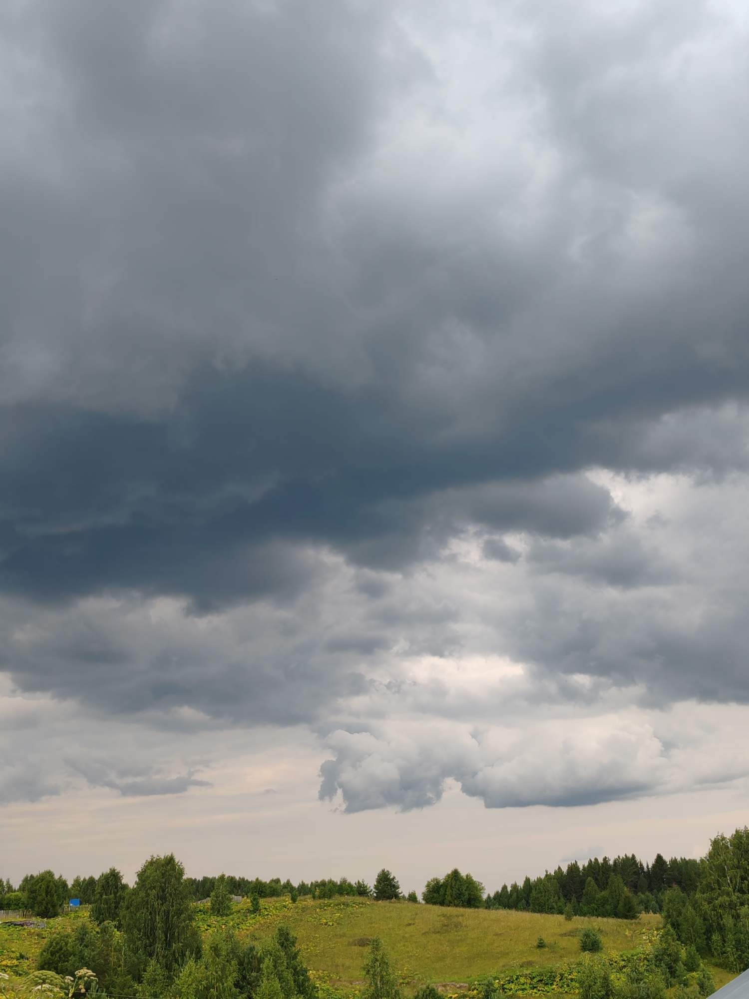 The image depicts an overcast sky over a rural landscape, likely in the city of Chukhloma, Russia, given the provided context. The sky is dominated by dark, heavy clouds, suggesting an impending storm or recent rainfall. Below the sky, a rolling green hill is visible, dotted with various trees and patches of yellow wildflowers. A line of denser trees forms a boundary along the horizon on the right side of the image. The overall impression is one of a natural, undeveloped environment under a dramatic sky. No people or specific structures are clearly identifiable in the scene, apart from what could be a small blue structure in the distance and parts of a fence.