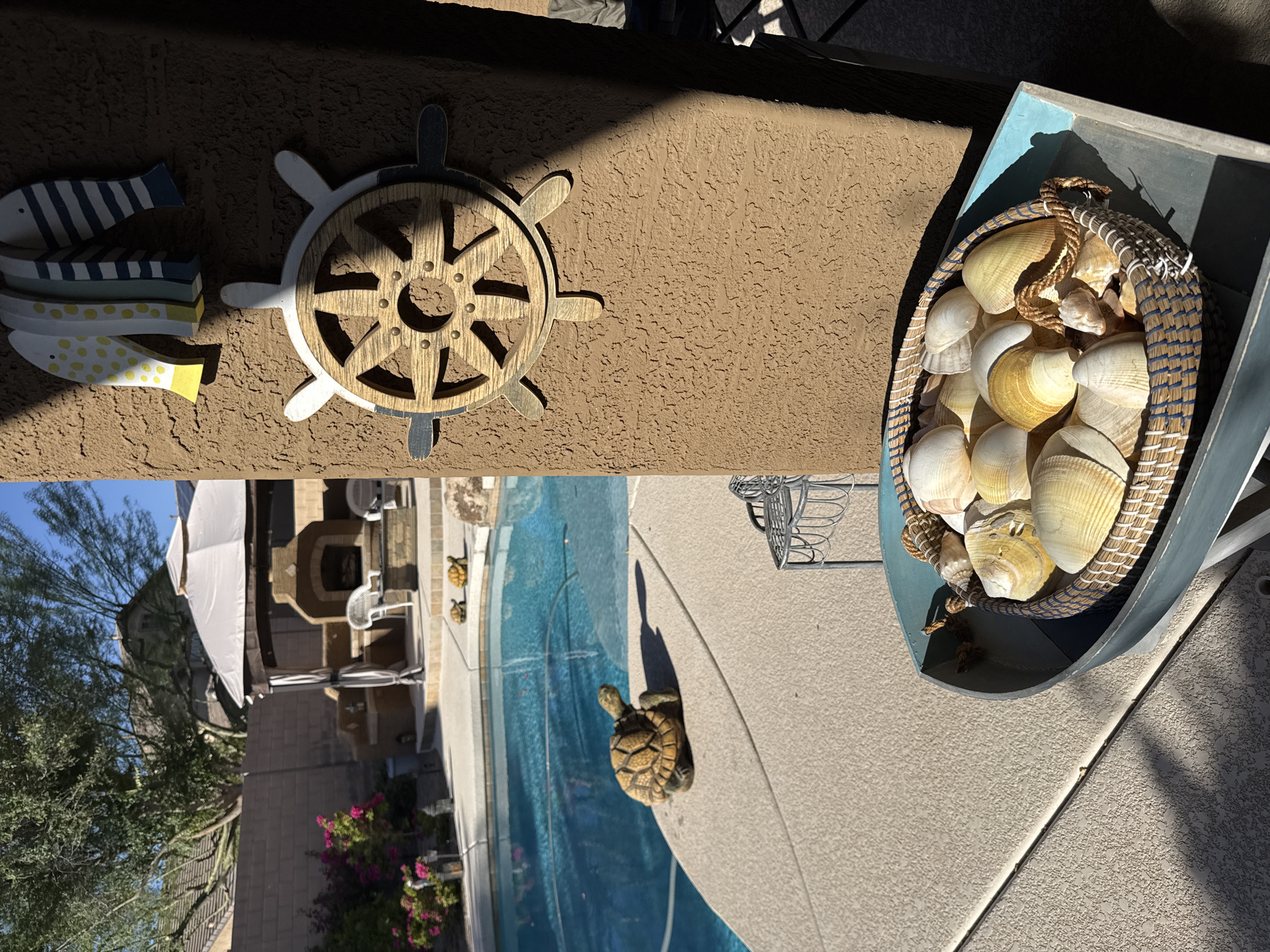 This is a medium shot, taken outdoors in Phoenix, Arizona, showing a patio with a swimming pool and various decorative items. In the foreground, a basket filled with seashells is placed inside a blue, boat-shaped container. To the left of the basket, a decorative turtle figurine is positioned on the edge of the pool deck. The swimming pool itself is a vibrant blue and appears to be in good condition.
In the mid-ground, two small turtle figurines are placed on the pool deck. Behind them, a covered patio area is visible, featuring an outdoor fireplace and seating. Lush green trees and a portion of a house are visible in the background.
The right side of the image features a stucco wall with nautical-themed decorations: a wooden ship's wheel and three stylized wooden fish. Sunlight casts shadows across the wall and the patio, indicating it is a bright, sunny day. The overall scene suggests a well-maintained outdoor living space designed for relaxation and entertainment.