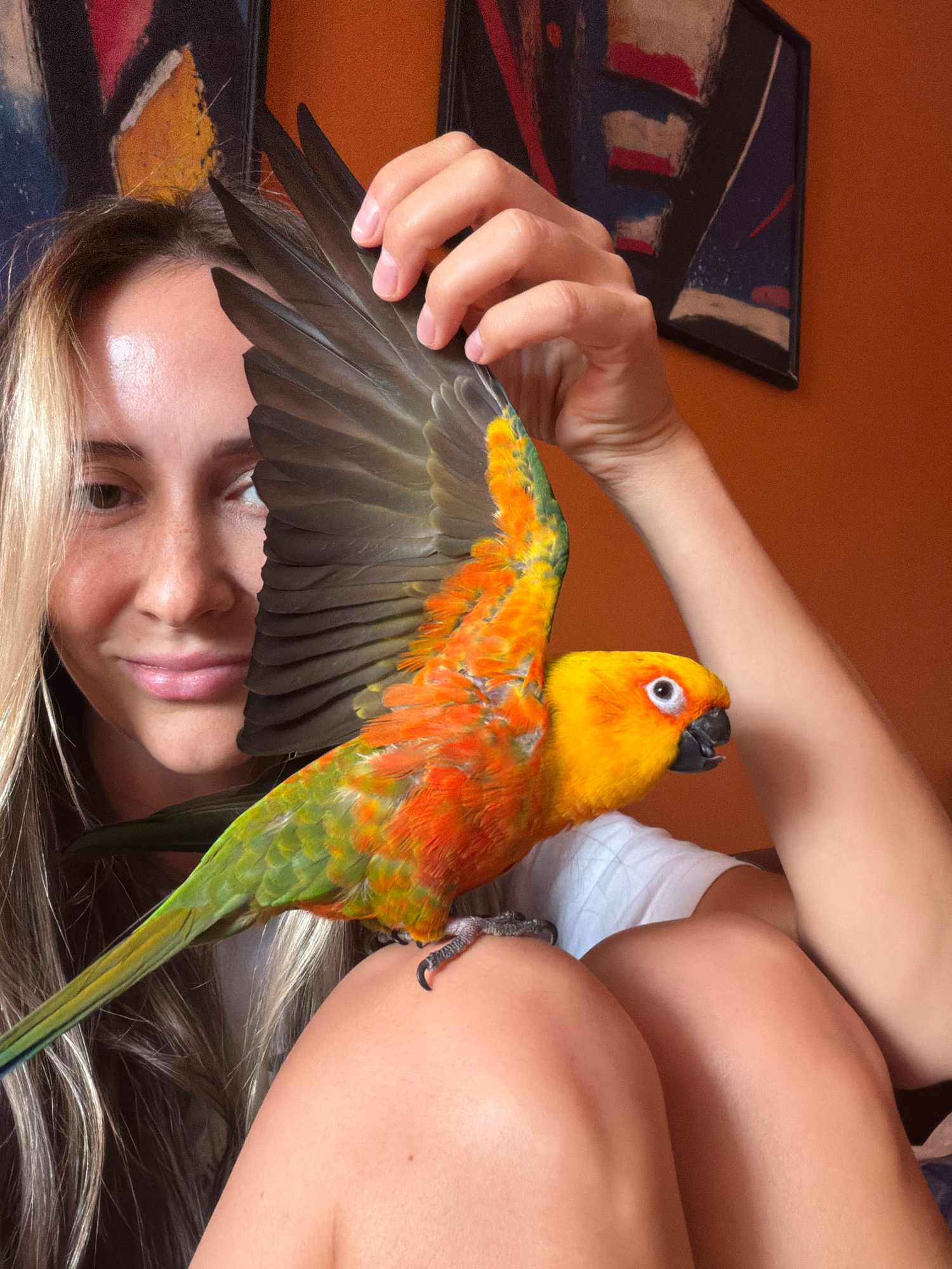 In an indoor setting, a woman with blonde hair and fair skin is partially obscured by a colorful parrot perched on her shoulder. The parrot, with vibrant orange, yellow, and green plumage, has its wings spread. The woman is looking towards the camera with a slight smile. Behind them, abstract artwork hangs on an orange wall. The scene is lit by natural light, creating a warm atmosphere. There is no indication of the city of Khimki, Russia, in the image.