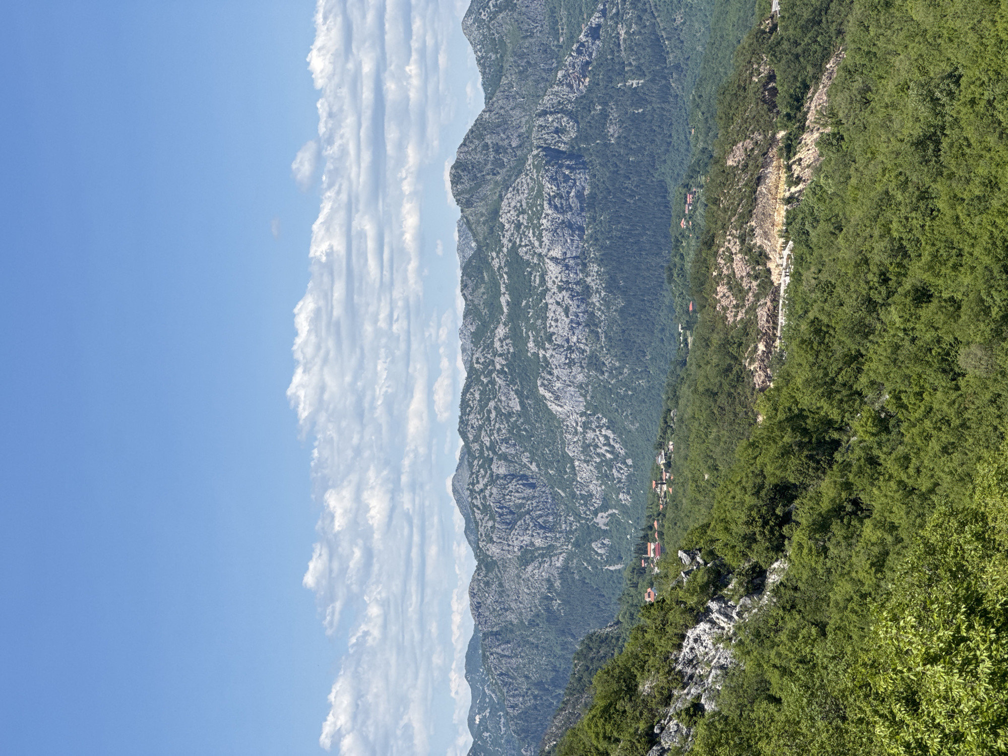 The image depicts a mountainous landscape in Bukovik, Montenegro. A series of rugged, rocky mountains covered with sparse vegetation extend across the central frame. On the right, a densely forested hillside slopes downwards. Small buildings or structures are nestled amongst the trees in the midground. To the left, a blue sky with streaky, linear clouds fills a significant portion of the frame. The scene is captured in daylight under clear conditions.