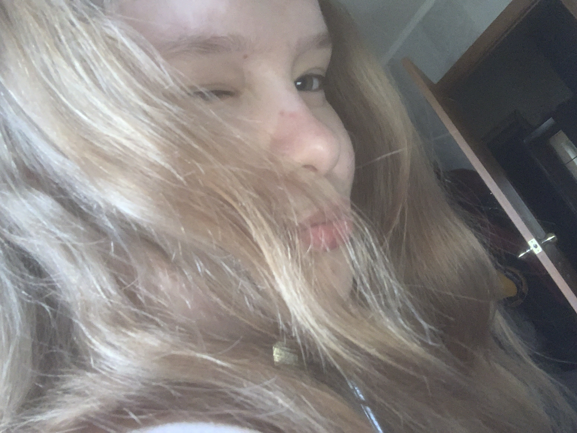 A close-up, slightly tilted portrait shot features a young person, whose face is largely obscured by a voluminous mass of blonde or light brown hair. The individual's right eye is visible and winking, conveying a playful or casual expression. Only a portion of their nose and lips are discernible through the hair.
The flowing hair dominates the left and central parts of the frame, appearing textured and slightly wavy. A small, light-colored, possibly metallic object, which could be a charm or part of an accessory, is partially visible nestled within the hair on the lower right side of the face.
The background is blurry, indicating an indoor setting. To the right, dark rectangular shapes suggest a door frame, a piece of furniture, or an architectural element. A small, shiny, possibly gold-colored fixture, resembling a handle or latch, is visible on the dark background element. The lighting appears soft and natural, consistent with daytime. There is no visible text in the image.