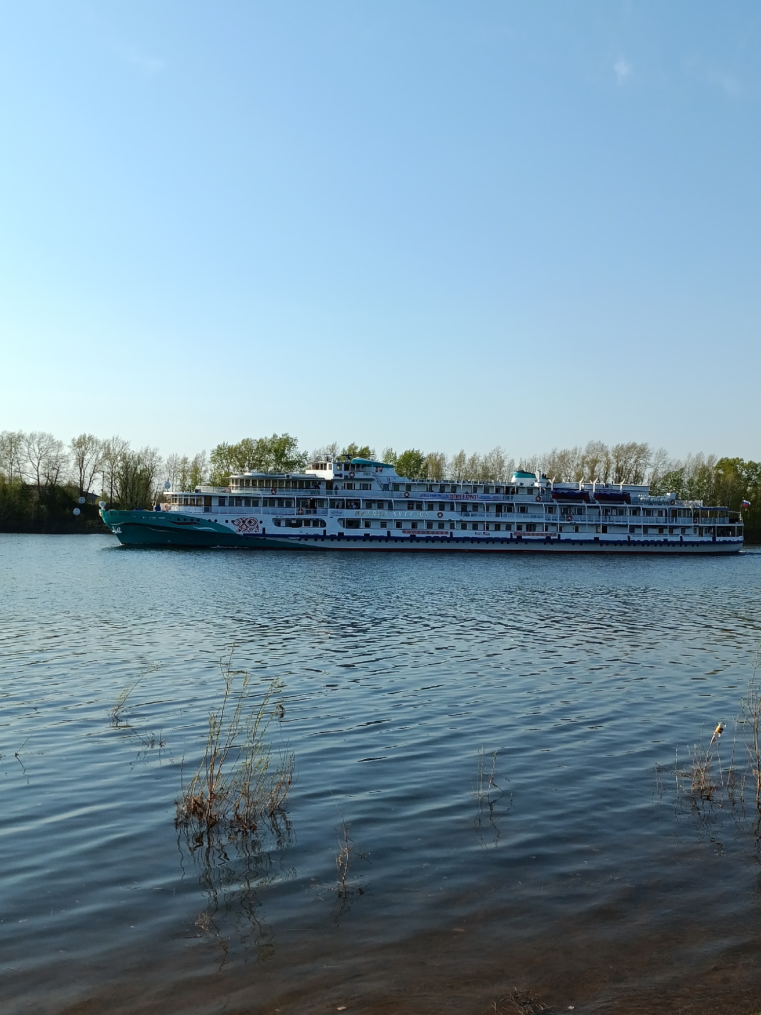 The image depicts a large riverboat on the Kama River in the city of Chaikovsky, Perm Krai, Russia. The riverboat is white with blue and green accents and is moving on the water. The water has small ripples and some vegetation growing near the shoreline. The background shows a treeline against a clear blue sky.