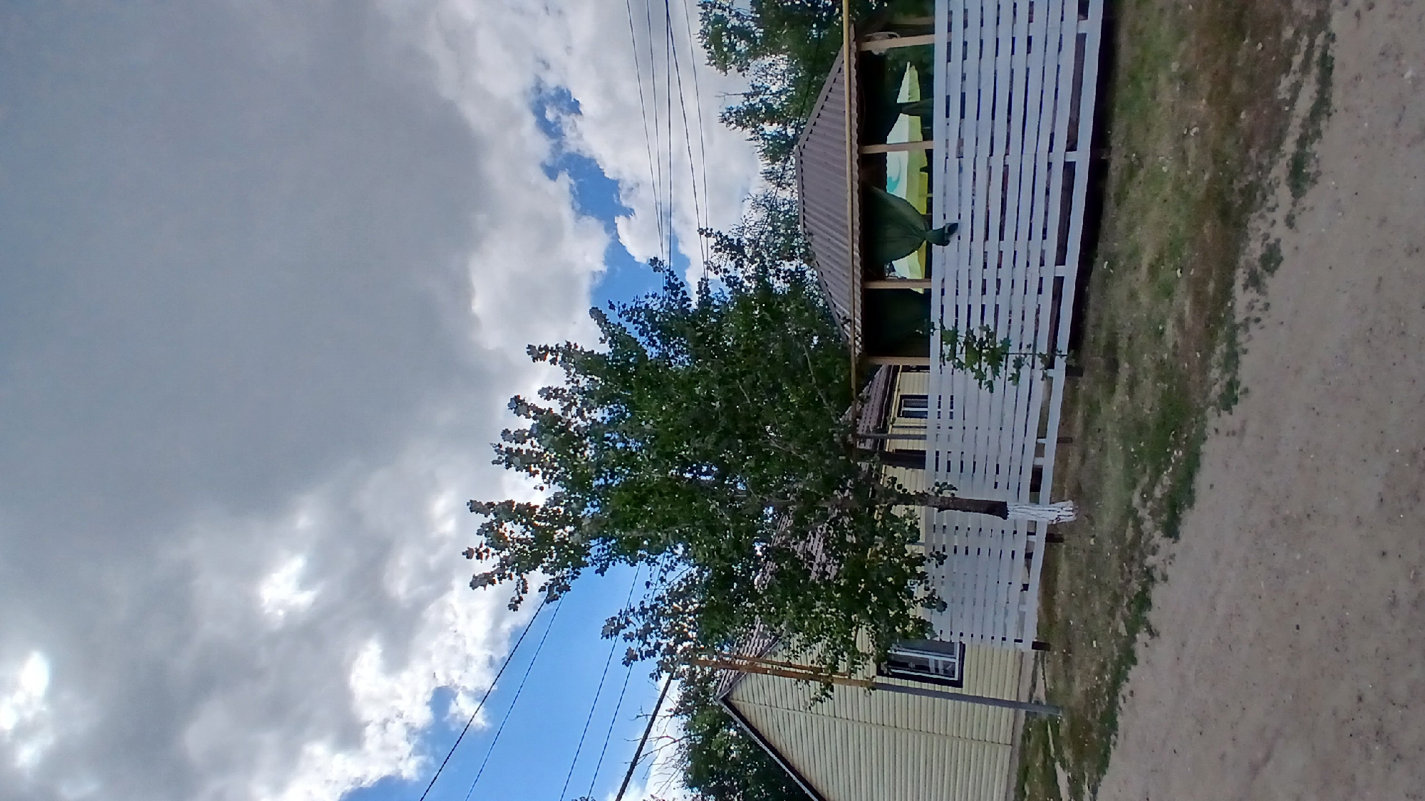 The image captures a scene on a partly cloudy day in Derköl, Kazakhstan. In the foreground, a dirt road runs horizontally across the bottom of the frame. Behind the road, a white wooden fence stretches across the mid-ground, separating a grassy area from what appears to be a residential property. To the left of the fence, a single tree with green foliage stands prominently, its lower trunk painted white. Behind the tree, a light-colored, single-story house with a sloping roof is visible. To the right of the tree and fence, a covered outdoor seating area or gazebo with a dark, corrugated roof is situated. Green curtains hang from the sides of the gazebo, and a light-colored umbrella or canopy is visible inside. Power lines are strung across the upper portion of the image, against a backdrop of a mixed blue and grey sky with scattered clouds. The overall impression is one of a rural or suburban residential setting.