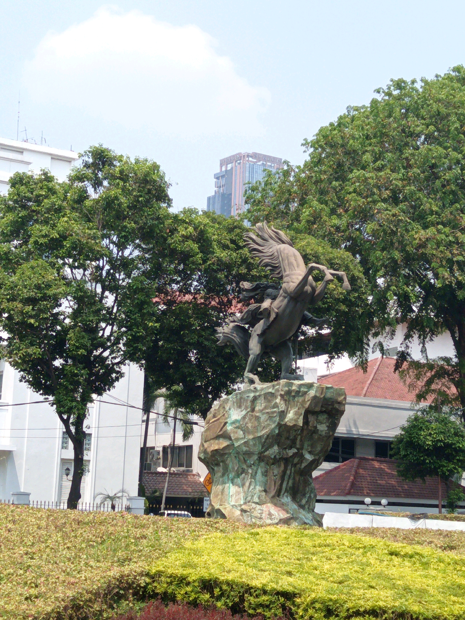 This is a medium shot of a bronze sculpture of a horse and rider in Central Jakarta, Indonesia, set against a backdrop of trees and buildings under a cloudy sky. The sculpture depicts a rearing horse with its rider in mid-air, appearing dynamic and powerful. The horse is rendered with flowing mane and tail, suggesting movement and energy. The rider is dressed in traditional attire, possibly historical or ceremonial. The sculpture is positioned on a rocky base, adding to the naturalistic feel of the scene.
Behind the sculpture, several large, lush green trees dominate the middle ground, their branches creating a dense canopy. To the left of the sculpture, a white building with multiple windows is visible, likely part of an institutional or commercial complex. In the background, a modern, tall building with glass facades rises above the trees, indicating an urban environment. The sky is partly cloudy, with a few white clouds scattered across a pale blue expanse.
In the foreground, a meticulously maintained garden bed filled with various types of shrubs and low-lying greenery creates a textured layer. Some plants are a vibrant yellow-green, while others are a deeper green or reddish-brown. A low metal fence runs across the foreground, separating the garden from what appears to be a pathway or public space. The overall scene suggests a well-kept public park or monument area within a city. The lighting is bright, indicating daytime, and the shadows are not harsh, suggesting it might be a slightly overcast day or early/late afternoon.
