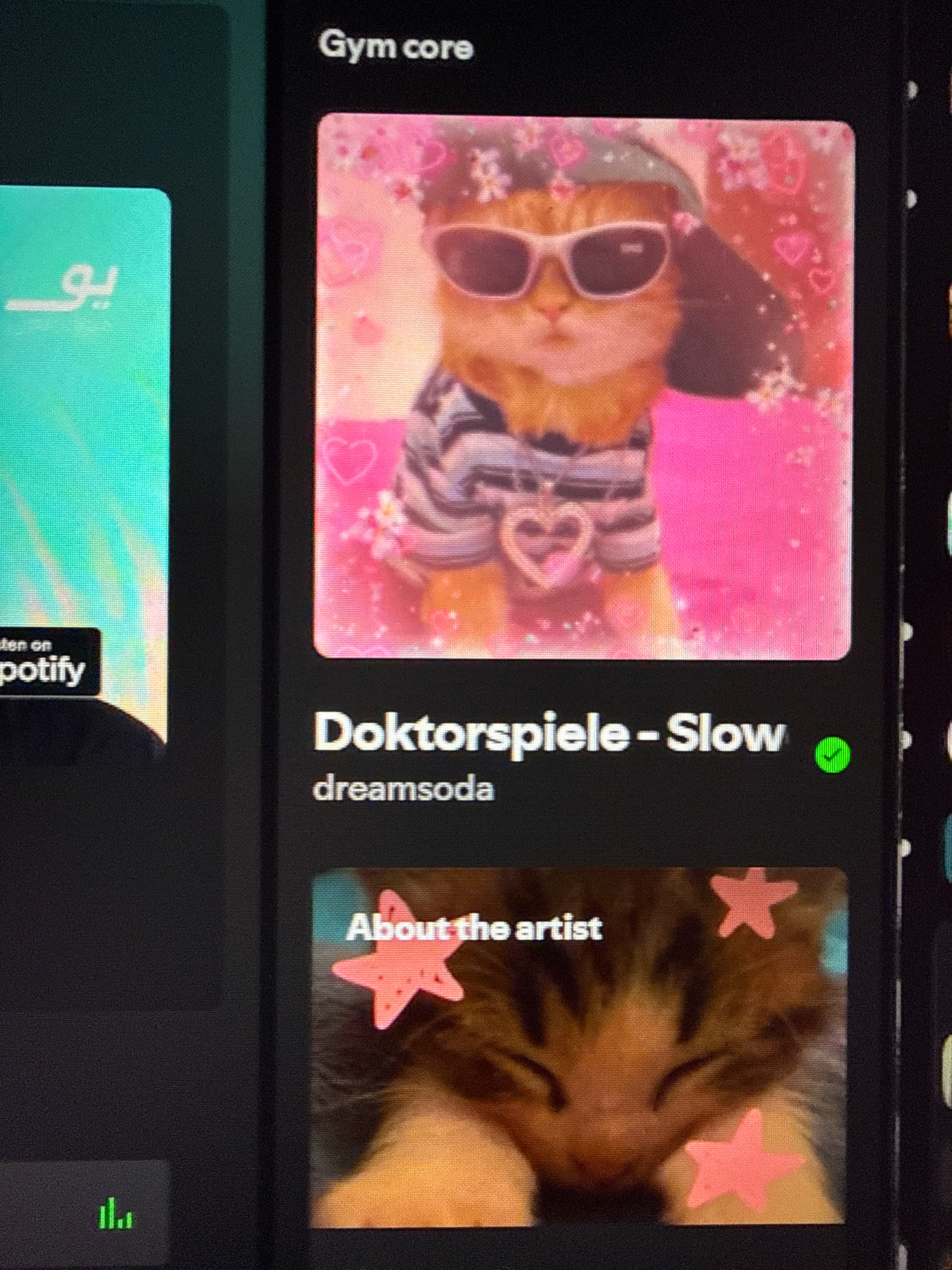 The image shows a Spotify interface on a computer screen. The main content displayed is a playlist titled "Gym core". The playlist features an album cover with a cat wearing sunglasses and a hat, set against a pink, glittery background with hearts. Below the album cover, the song title "Doktorpiele - Slow" is visible, along with the artist name "dreamsoda". Below this, another section displays an image of a cat with pink stars and the text "About the artist". To the left of the Spotify interface, another element of the screen shows a teal-colored graphic with Arabic text and a "listen on Spotify" button. A green volume indicator is visible at the bottom left of the screen. The image is a close-up shot, suggesting it was taken with a phone camera. There is no visible indication of the city of Oran, Algeria, in the image.