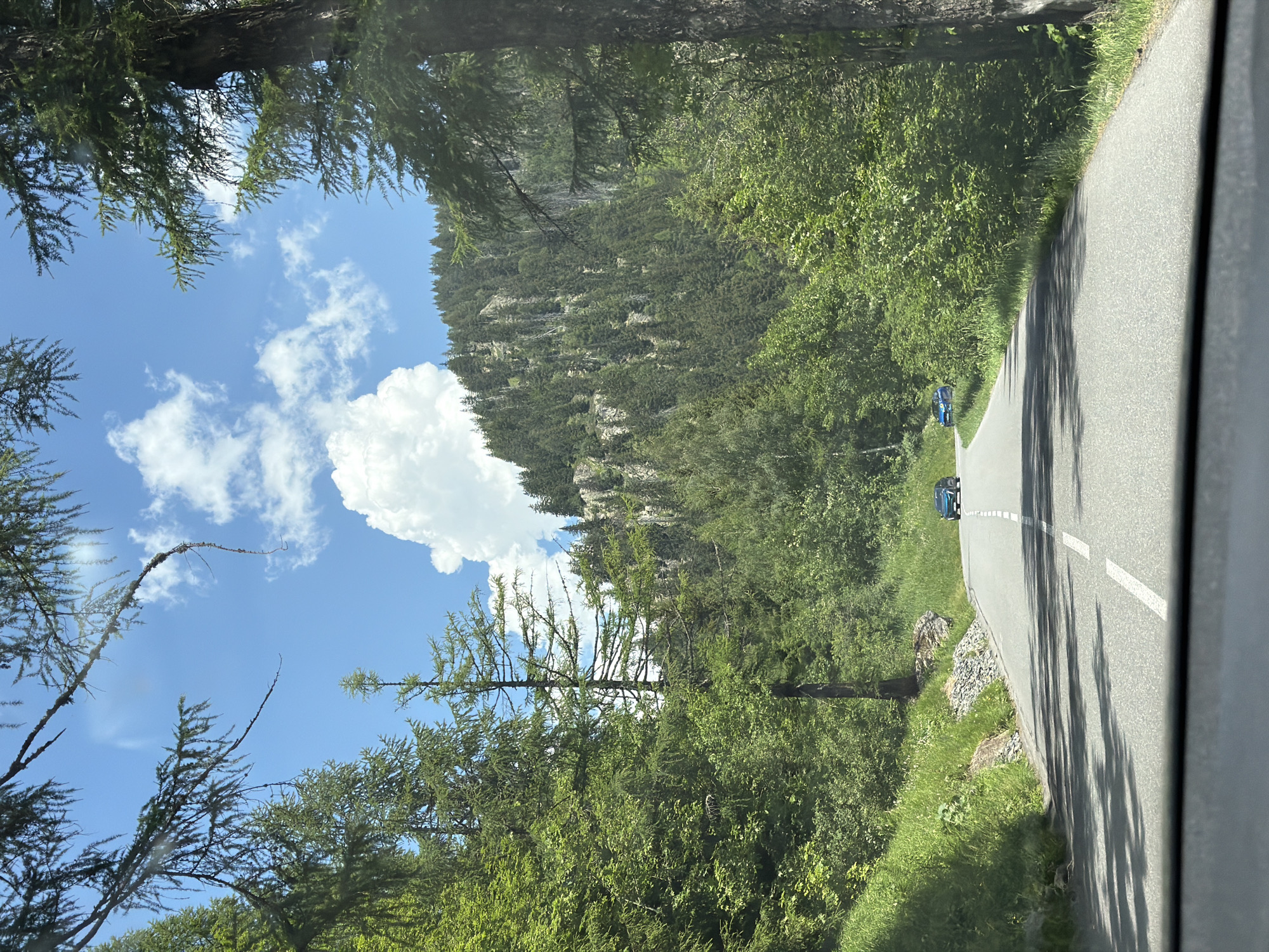 The image depicts a scenic view of a winding road through a lush, green mountainside. The road is paved with white lines marking the lanes and is bordered by vibrant green grass and trees. In the distance, a few blue cars are visible on the road, suggesting a light traffic flow. The mountainside is densely covered with a mix of trees, creating a textured, natural landscape. Above the mountains, the sky is a clear blue with scattered fluffy white clouds. The perspective of the shot, taken from a low angle looking up, emphasizes the height of the trees and the vastness of the sky. The overall impression is one of a peaceful and beautiful day in a rural, mountainous setting, likely during daylight hours.