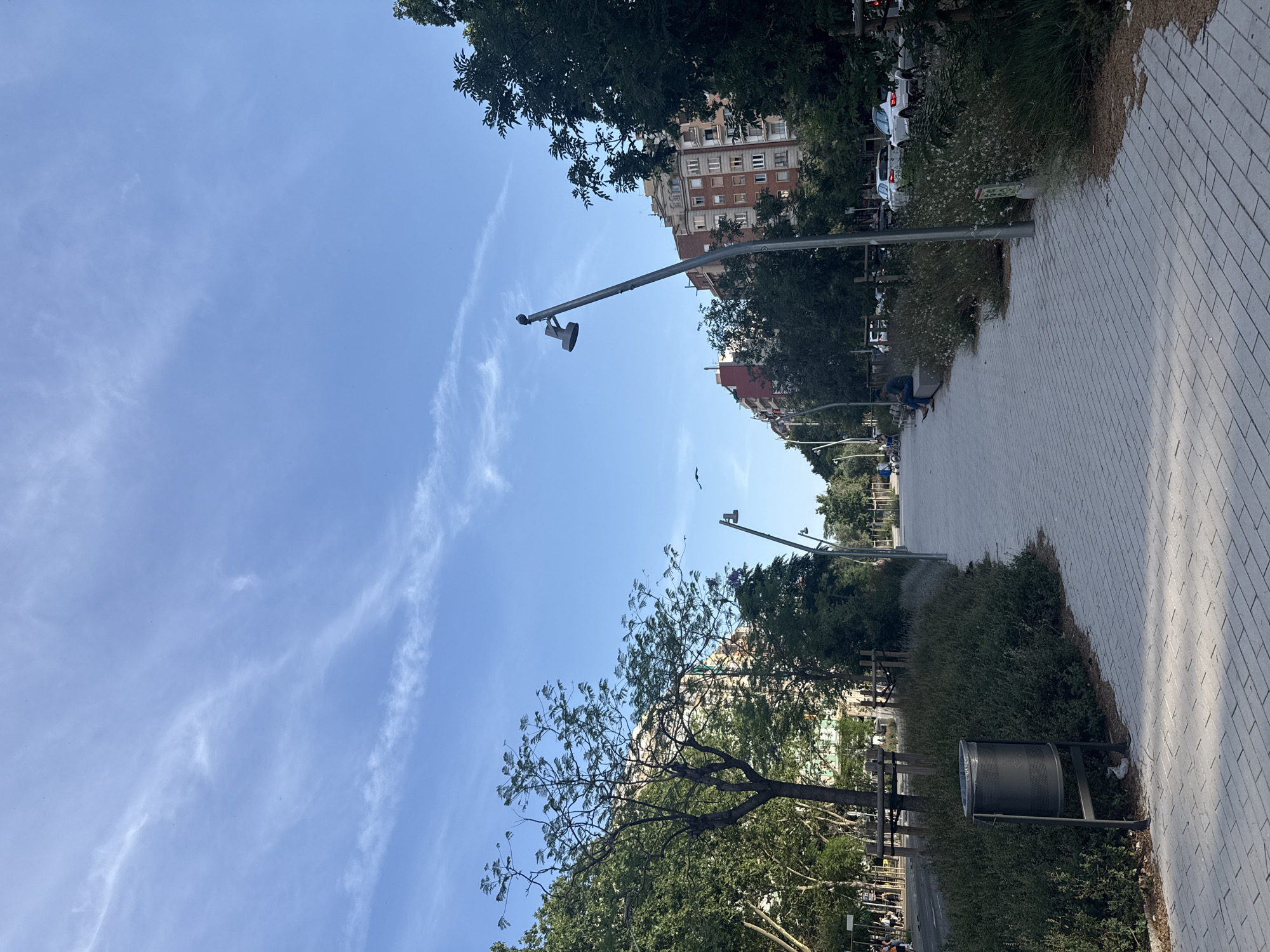 The image captures a view of a pedestrian walkway in Barcelona, Spain, lined with trees and buildings. The walkway is paved with light-colored rectangular bricks and curves into the distance. On the left side, a dark metal trash can stands amidst dense green bushes. Further down the walkway, a person is seated on a bench, facing away from the camera.
To the right of the walkway, a row of streetlights with a modern design are visible. Beyond the trees and streetlights, a line of multi-story buildings with diverse architectural styles and colors forms the city skyline. Some of these buildings appear to be residential, with visible windows and balconies. Cars are parked along the street that runs parallel to the walkway.
The sky above is a clear blue, with thin, wispy white clouds scattered across it. The lighting suggests it is daytime, with sunlight casting shadows on the pavement. The overall scene depicts a well-maintained urban environment with elements of nature and architecture.