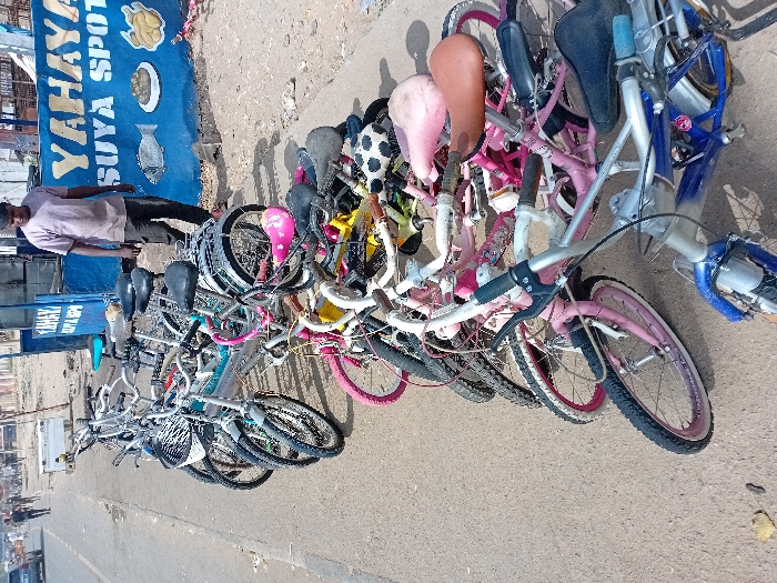 The image depicts an outdoor scene in Sharada, Nigeria, at a roadside location under bright daylight. Approximately two dozen bicycles, ranging from children's sizes to adult models, are clustered on unpaved ground adjacent to a paved road. The bicycles display various colors including pink, blue, silver, and black, with different seat styles and handlebar configurations.
An adult male, wearing a light-colored t-shirt and dark trousers, stands to the right, positioned near a blue commercial stall. The stall is labeled "YAHAYA SUYA SPOT" in white and yellow text, featuring painted representations of a fish, a plate of food, and a chicken.
The paved road extends into the background, where indistinct human figures, vehicles, and structures are visible. The ground cover in the immediate foreground consists of paved asphalt, transitioning to dry, unpaved earth where the bicycles are arranged. A single yellow leaf rests on the paved surface in the lower left. No direct interactions between individuals or with the bicycles are observed.