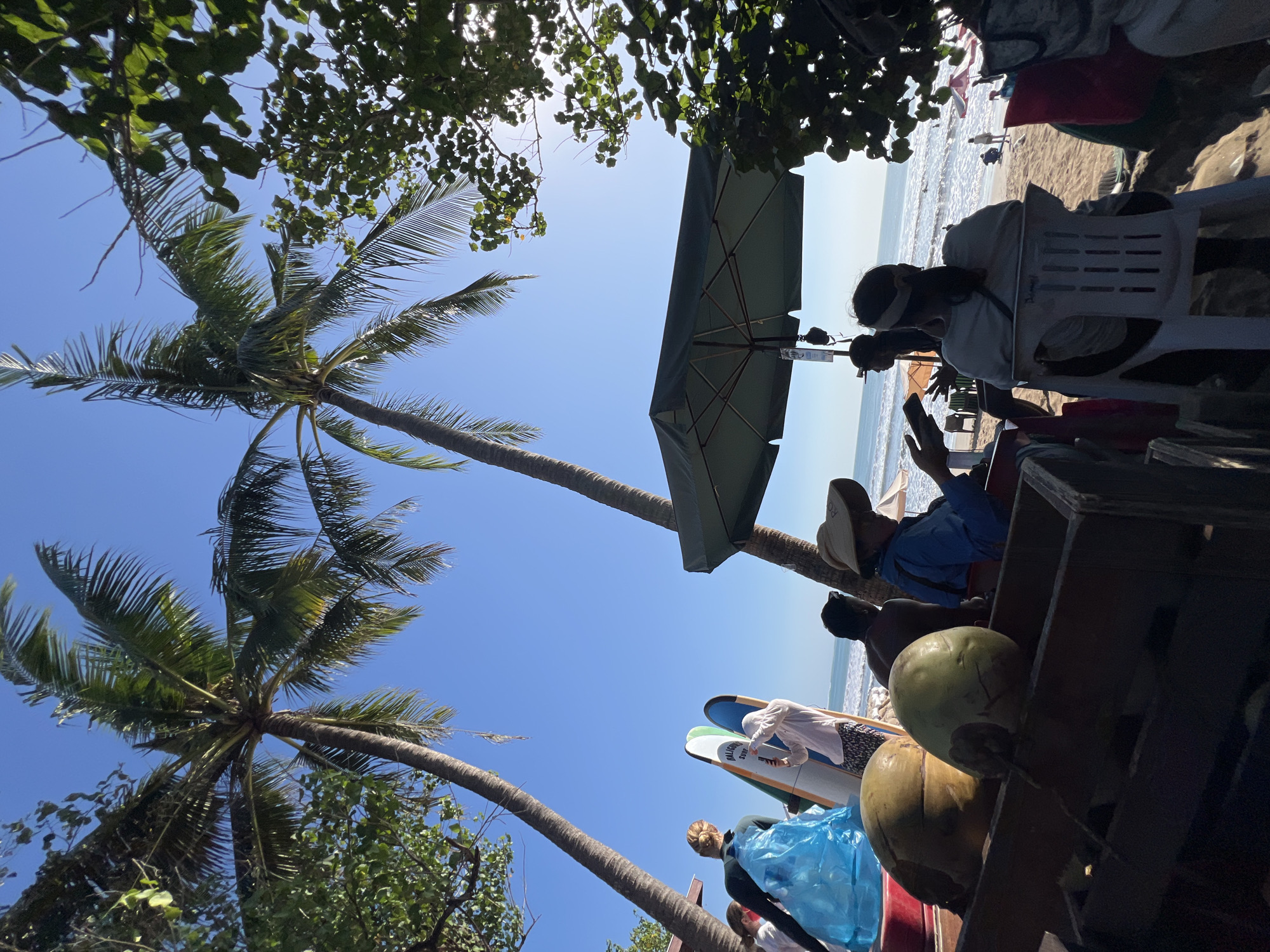 In Kuta, Indonesia, under a clear blue sky, a vibrant beach scene unfolds. Two tall palm trees cast shadows over the sand, where several individuals are gathered near a wooden cart filled with coconuts. A woman in a blue shirt and a sun hat is seated, facing the ocean, while another person in white stands next to two surfboards. Behind them, the gentle waves of the Indian Ocean create a calming backdrop, with a few beachgoers visible in the distance. The presence of surfboards suggests a popular spot for surfing or beach activities. The overall atmosphere is relaxed and sunny, characteristic of a tropical beach destination.