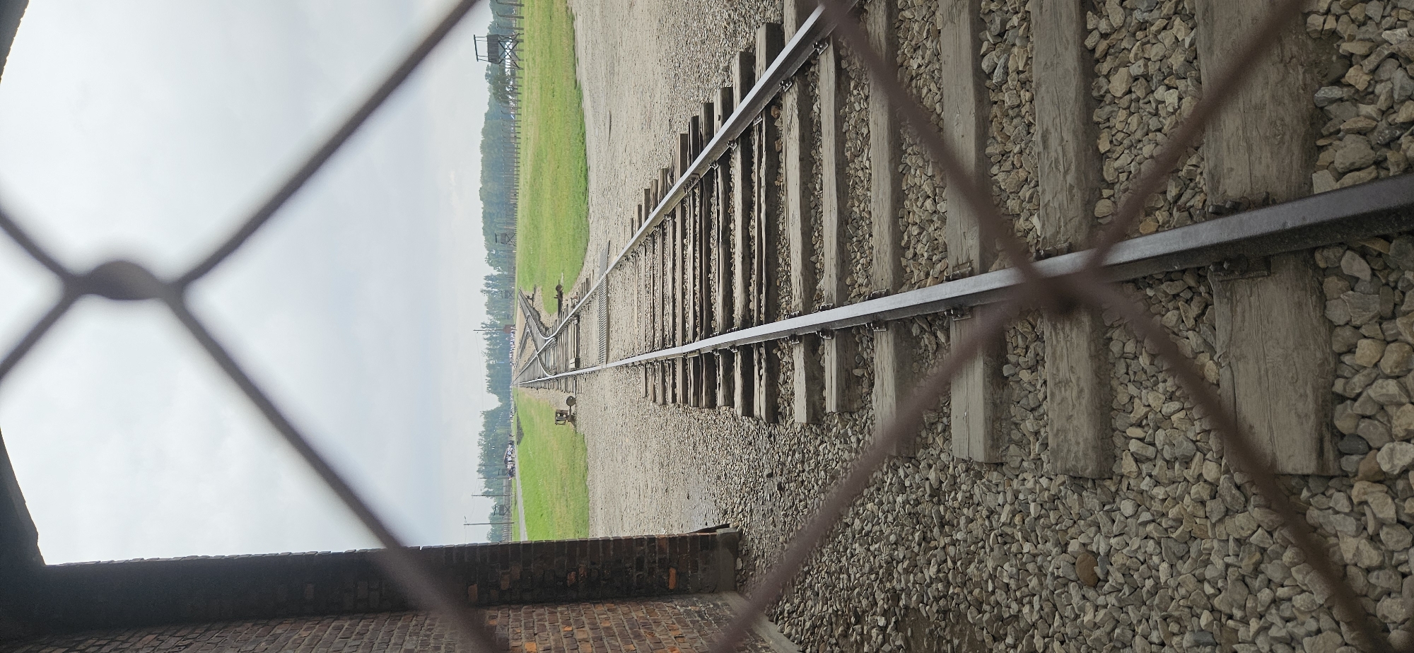 The image shows a set of train tracks at the Auschwitz-Birkenau State Museum in Brzezinka, Poland. The tracks, made of metal rails and wooden ties, run from the foreground into the distance. The area around the tracks is covered in gravel. To the left, a brick building is partially visible. In the background, a grassy field extends towards a treeline. Several watchtowers are visible along a fence in the middle ground, and small groups of people are scattered across the landscape. The sky is overcast. The foreground is partially obscured by a metal fence.