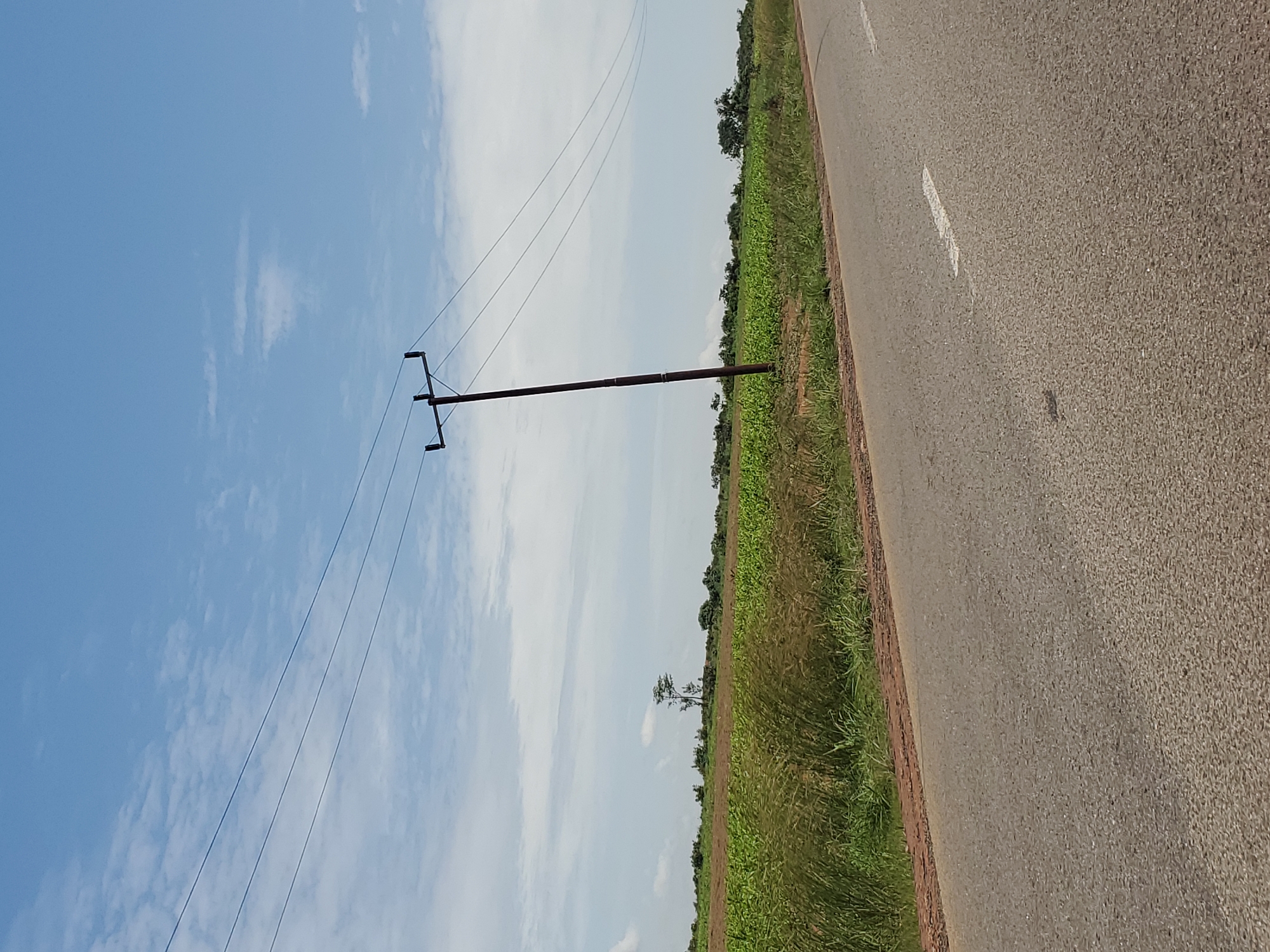 This image shows a rural roadside scene under a cloudy sky. A paved road with a white dashed line runs diagonally from the bottom right to the middle left of the frame. To the left of the road, a field of green crops stretches towards the horizon, bordered by a line of trees and vegetation. A single utility pole with three overhead wires stands prominently in the middle ground, extending into the sky. The overall environment suggests an agricultural area in the vicinity of Pankshin, Nigeria.