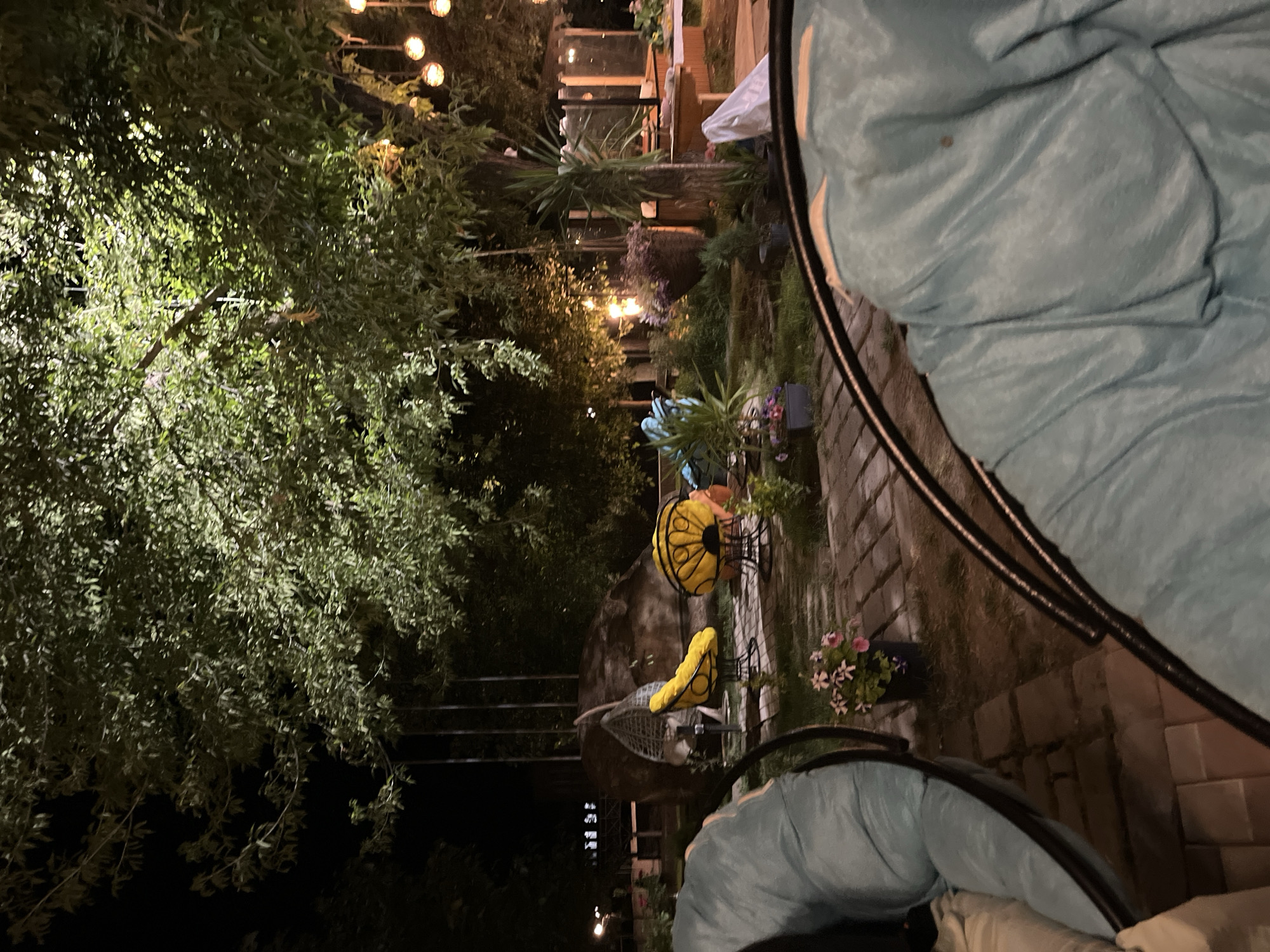 The image depicts an outdoor seating area at night. Two large, teal-colored cushioned chairs are prominently featured in the foreground, partially obscuring the view of the background. The chairs appear to be part of hanging swing chairs, indicated by the curved metal frames.
In the mid-ground, a paved area with brick-like tiles leads to various seating arrangements. Two yellow, flower-shaped chairs are visible, one with a bright yellow cushion and the other appearing to be made of yellow metal with a fan-like back. Behind these chairs, a large, dark boulder is situated, with a grey woven hanging chair suspended from what appears to be a metal stand.
The environment is illuminated by overhead lighting, casting a warm glow on the foliage and creating distinct shadows. Numerous string lights with spherical bulbs are hung from the branches of a large tree with dense green leaves. In the background, a glass-enclosed structure with wooden framing and interior lighting can be seen, suggesting a building or a greenhouse. Several potted plants and flowers are placed throughout the scene, adding touches of color, particularly a small pot of pink and white flowers in the lower-left section of the image. The overall impression is of an inviting, dimly lit outdoor space designed for relaxation.