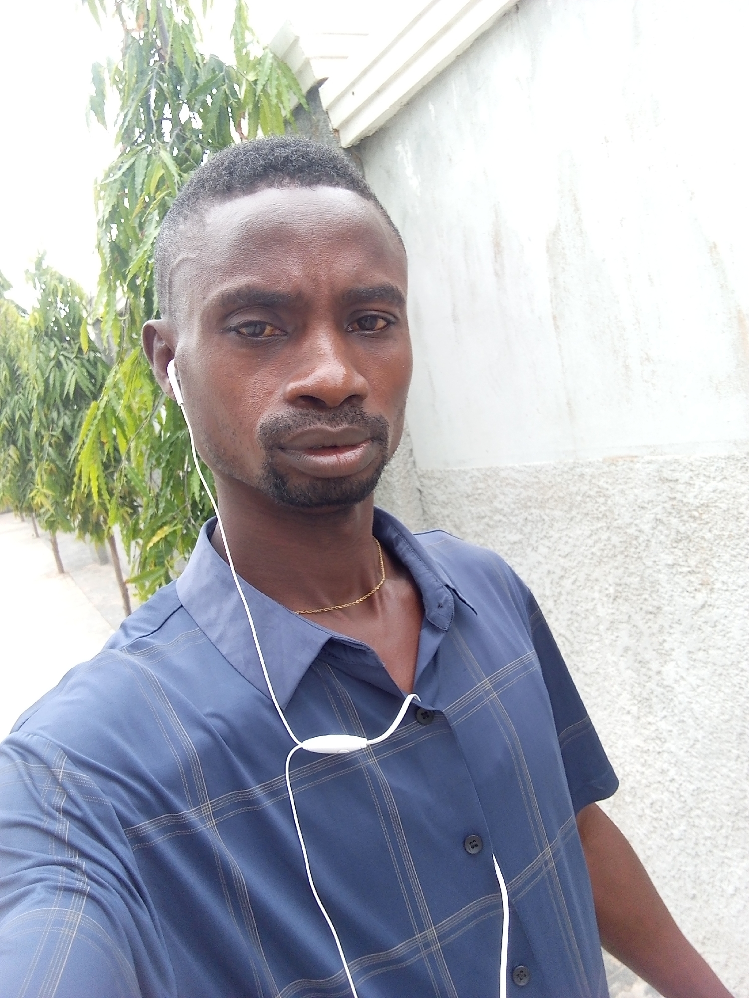 A medium shot captures a dark-skinned man, wearing a blue button-down shirt with a plaid pattern, standing outdoors. He has short hair and a neatly trimmed beard, and white earbuds are visible in his ears and hanging down his chest. A gold chain is visible around his neck. The background shows a white wall to the right and a row of green trees lined up along a sidewalk to the left. The location is Adonkolo, Nigeria.