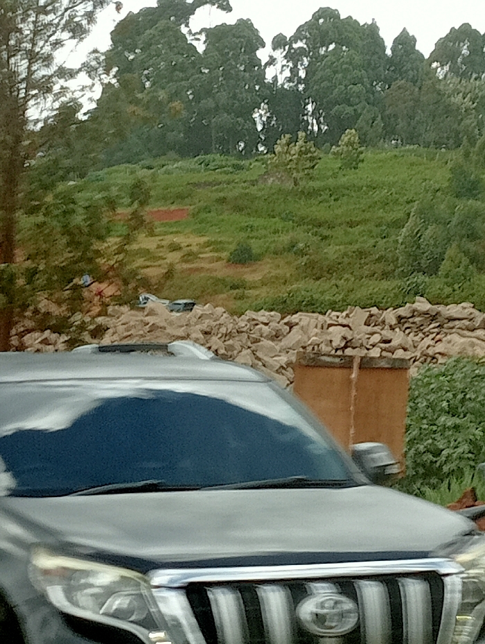 A black Toyota Prado dominates the foreground. Behind the vehicle lies a pile of large rocks, partially obscuring a small, tan-colored structure. Beyond the rocks, a grassy hillside slopes upward towards a dense line of trees. The sky is overcast, casting a muted light over the entire scene. The composition suggests a rural or suburban setting.