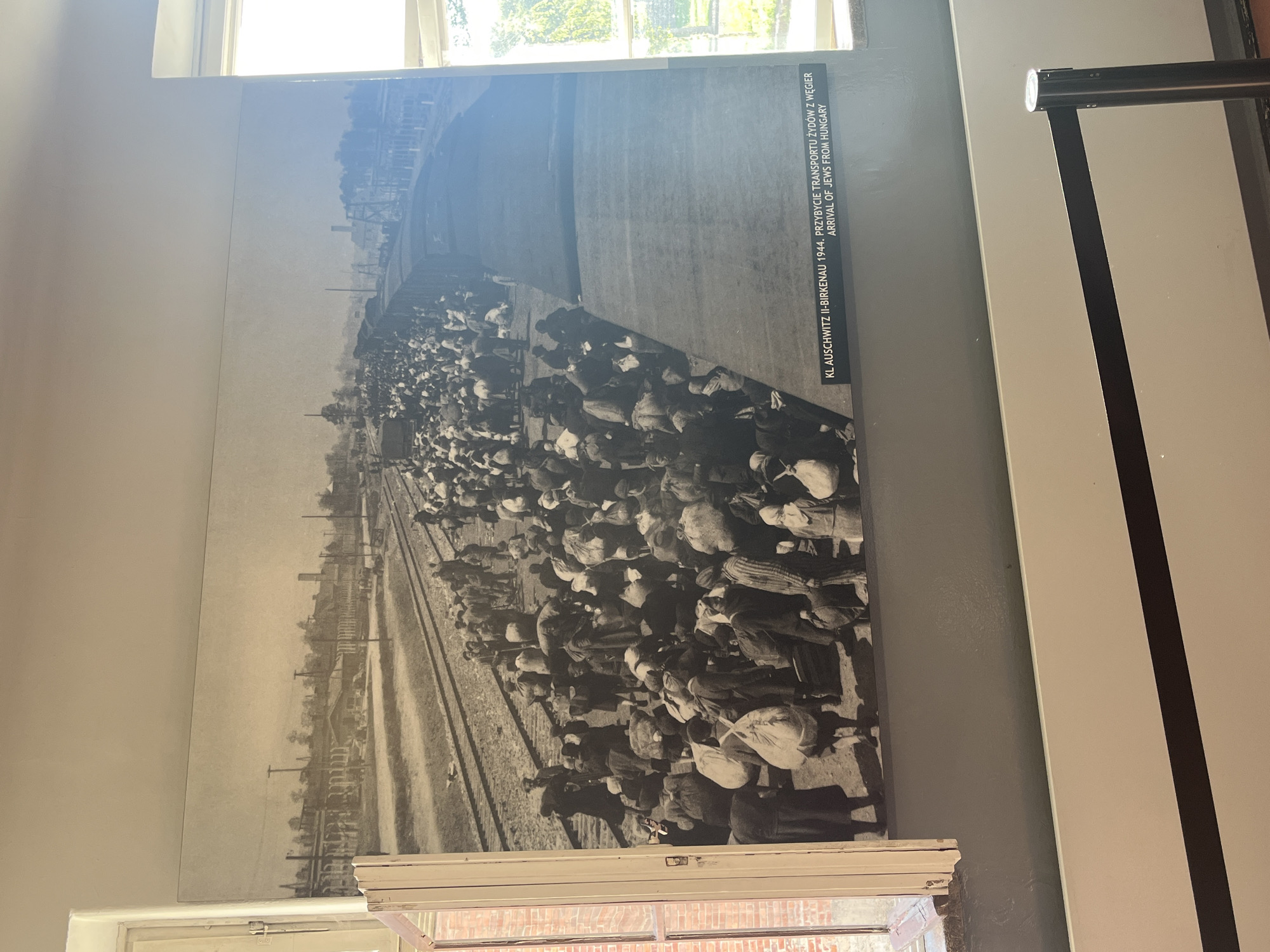 The image is a black and white photograph displayed on a wall, depicting a historical scene of mass arrival of people at a railway platform. In the foreground, a large crowd of individuals, many carrying bags and luggage, are gathered on and around a train. The people appear to be disembarking or waiting to be processed. The background shows a train with multiple carriages and a long railway track extending into the distance, alongside industrial-looking buildings and structures. A caption below the photograph reads "KL AUSCHWITZ II-BIRKENAU 1944. PRZYBYCIE TRANSPORTU ŻYDÓW Z WĘGIER. ARRIVAL OF JEWS FROM HUNGARY." This caption indicates that the photograph was taken at Auschwitz II-Birkenau in 1944, documenting the arrival of Jewish transports from Hungary. Auschwitz-Birkenau is located in Oświęcim, Poland. The scene is somber and evokes a sense of displacement and hardship. The overall environment appears to be an outdoor location associated with a train station, likely within the confines of the Auschwitz complex.