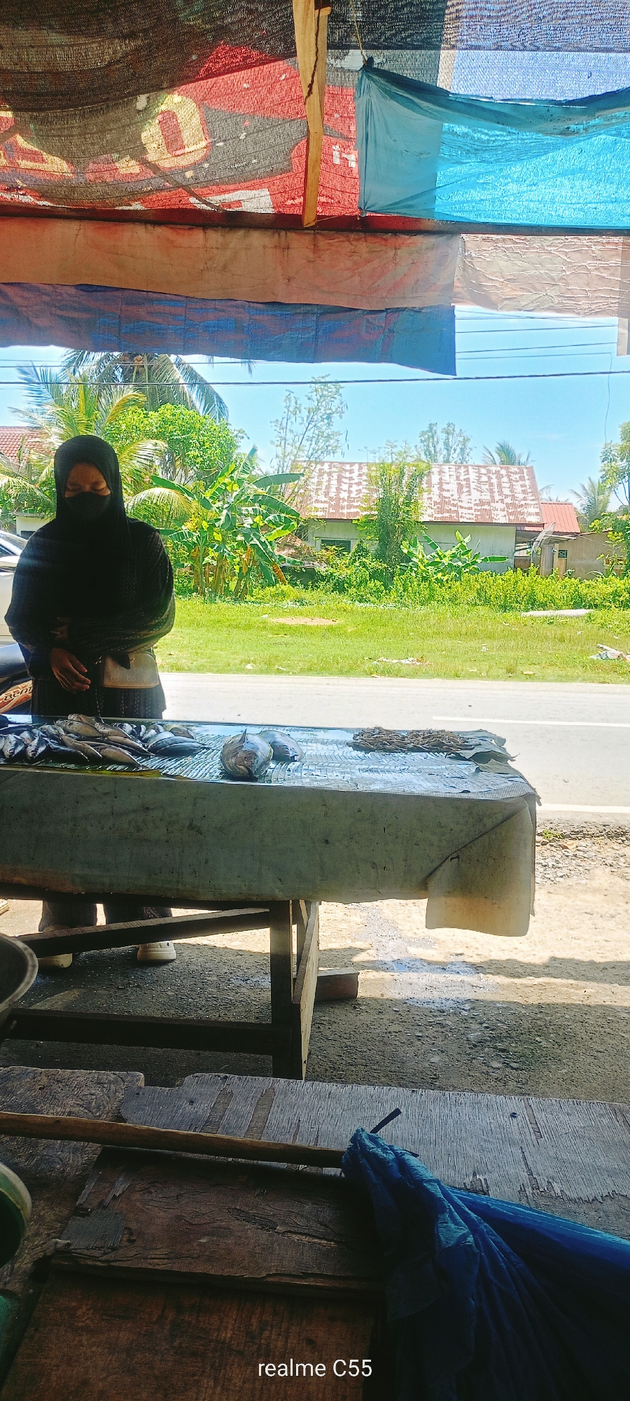 A woman wearing a black hijab and face covering stands behind a table laden with fish at an outdoor market stall. The stall is covered by a makeshift roof constructed from various tarps and netting, casting shadows. Behind the stall, a road is visible, with a grassy area and houses with corrugated roofs in the distance under a clear blue sky. The scene appears to be in a tropical or sub-tropical region, suggested by the presence of banana trees and palm trees. The overall impression is one of a modest, roadside market in Lhokseumawe, Indonesia.