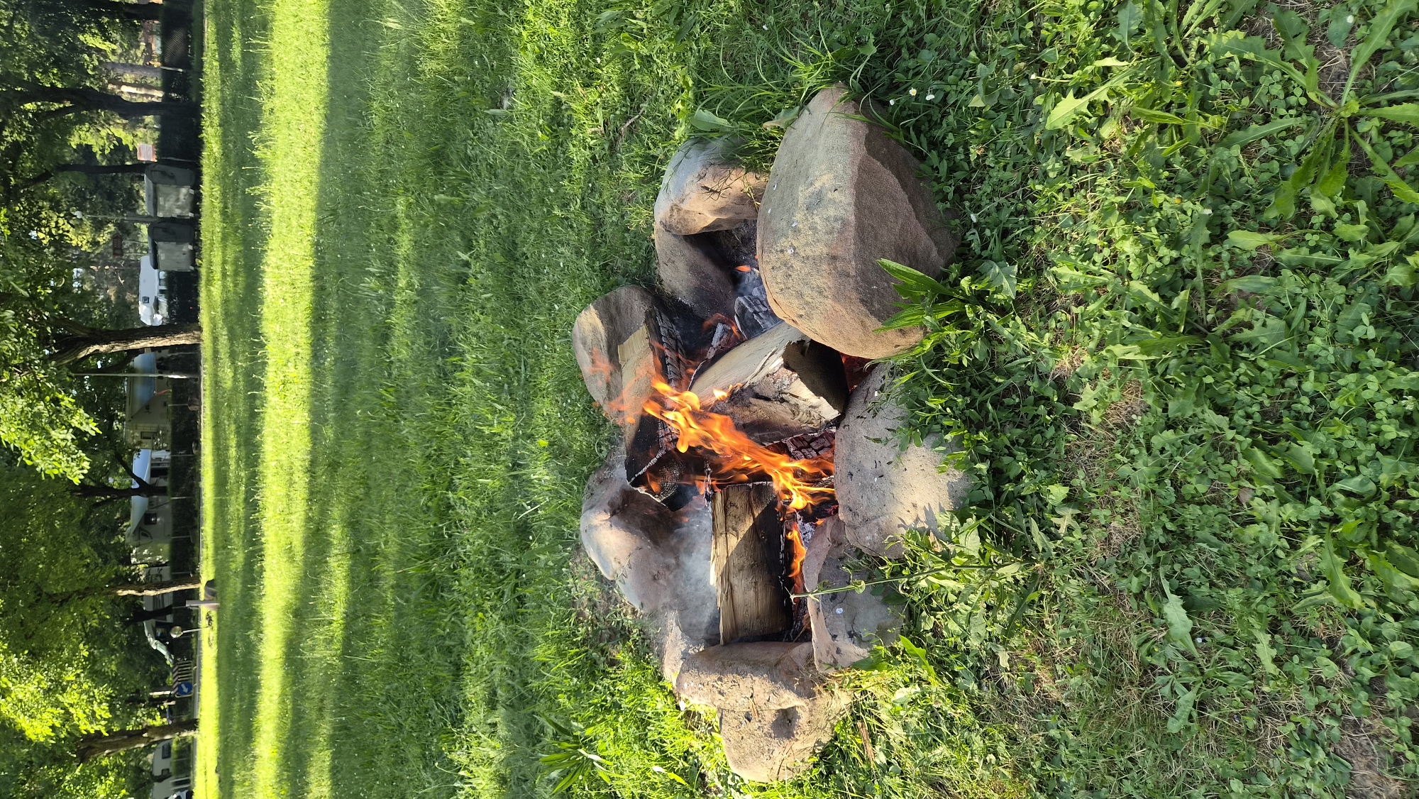 A campfire is burning within a ring of stones on a grassy area. The fire is fueled by logs, with flames and smoke rising from the wood. Several large stones form the perimeter of the fire pit. The surrounding area is covered in lush green grass, with some scattered weeds and small plants. In the background, trees with dense green foliage are visible, and further in the distance, several mobile homes or RVs are parked, suggesting a campground or recreational area. The lighting indicates it is daytime, with sunlight casting shadows on the grass. The location is Pchelishte, Bulgaria.