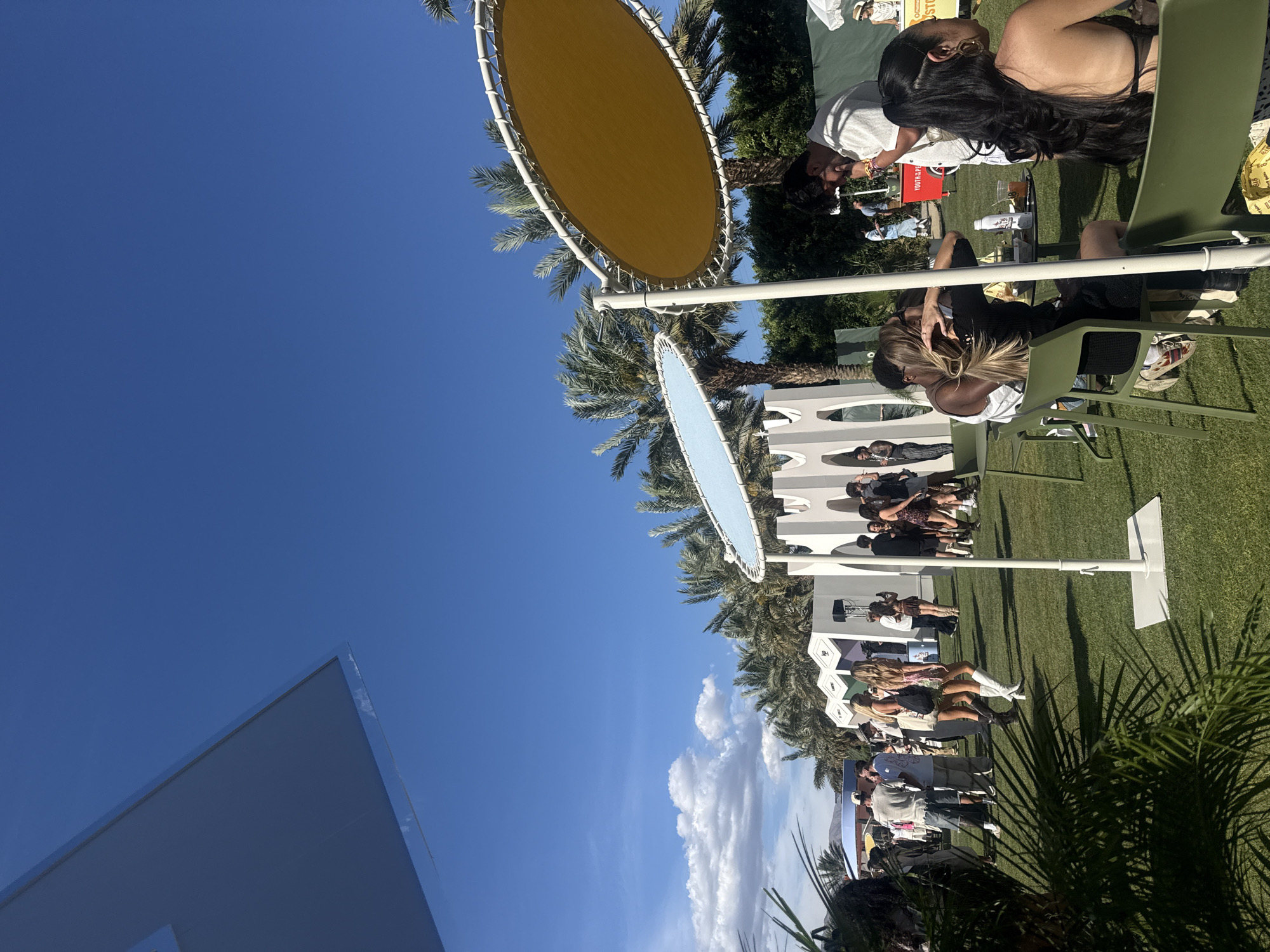 The image captures an outdoor scene in Indio, United States of America. The location is characterized by a grassy area dotted with people. A large structure that could be part of the venue or event infrastructure is visible in the lower left corner. Palm trees and sun-shading structures punctuate the scene, creating a sense of open-air event. People are seated, standing, and interacting. These elements suggest a public or private gathering.