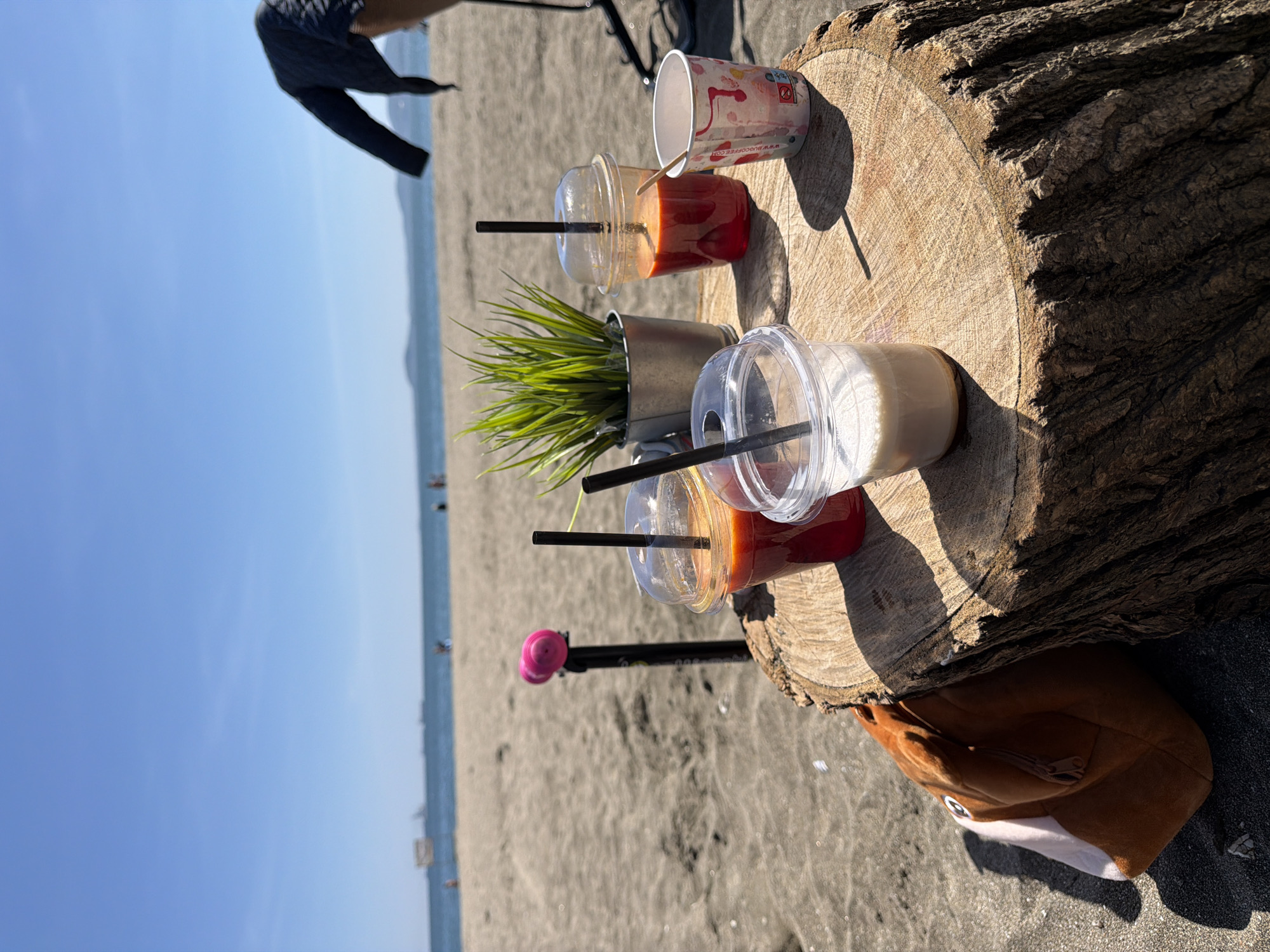 The image shows a beach scene. On a large wooden tree stump, there are four cups with lids and straws, one open paper cup, and a small potted plant. The cups contain different colored liquids. A brown bag is visible next to the stump. In the background, there is a sandy beach, a body of water, and a clear blue sky. The location is Unknown, Unknown. People can be seen in the background on the beach.