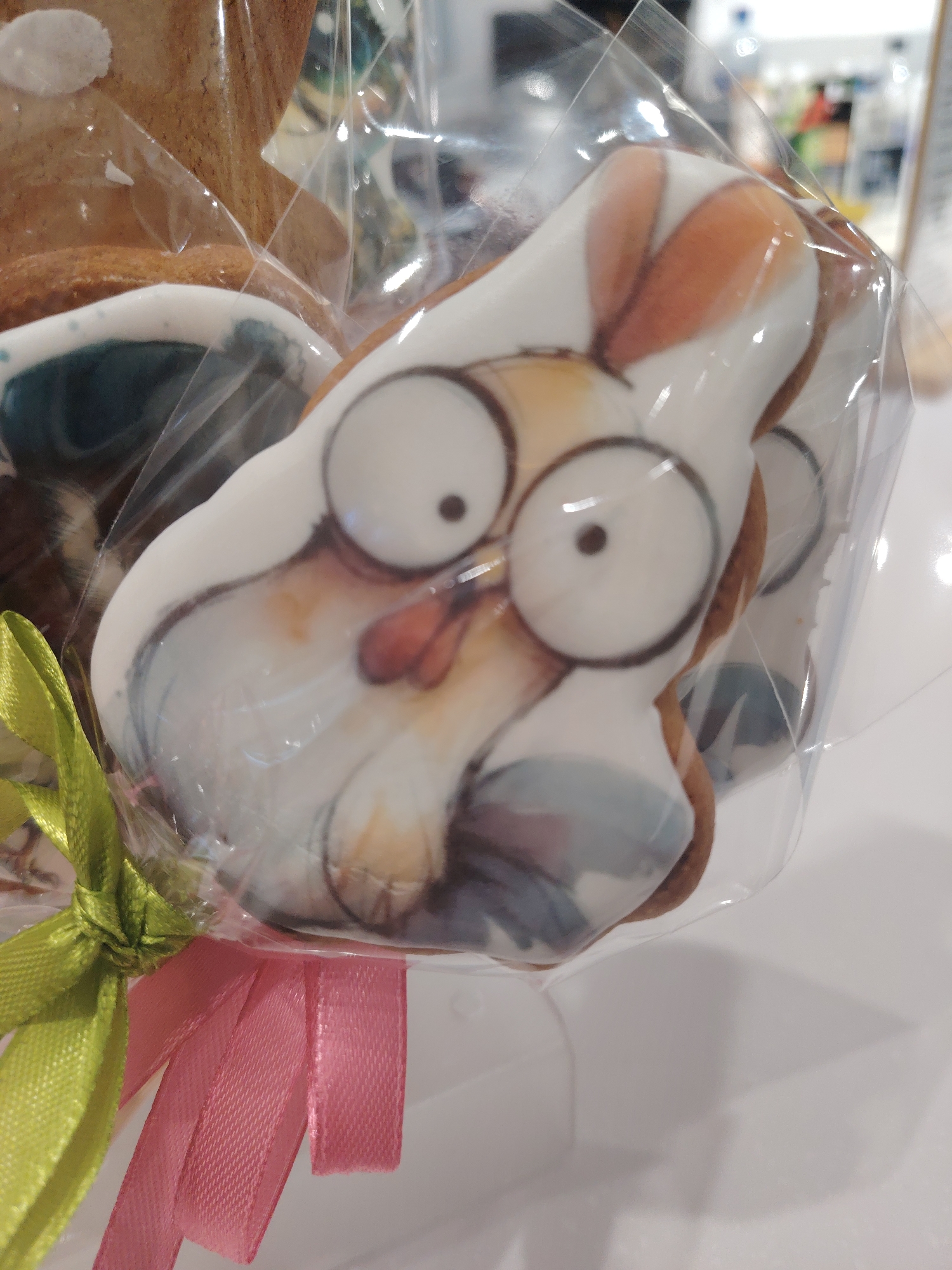 The image shows a close-up of a cookie decorated as a cartoonish character, possibly a bird or a rabbit, wearing glasses. The cookie is wrapped in clear plastic and tied with a green and pink ribbon. It appears to be part of a larger arrangement of cookies or pastries, with other items visible behind it through the plastic. The background is blurred, suggesting an indoor setting, possibly a shop or a market stall. There are no people clearly visible in the image. The lighting suggests it is daytime. The cookie is the primary subject, with detailed frosting to depict facial features, including large, round eyes and rosy cheeks. The arrangement is presented on a white surface. The image was captured in Konakovo, Russia.